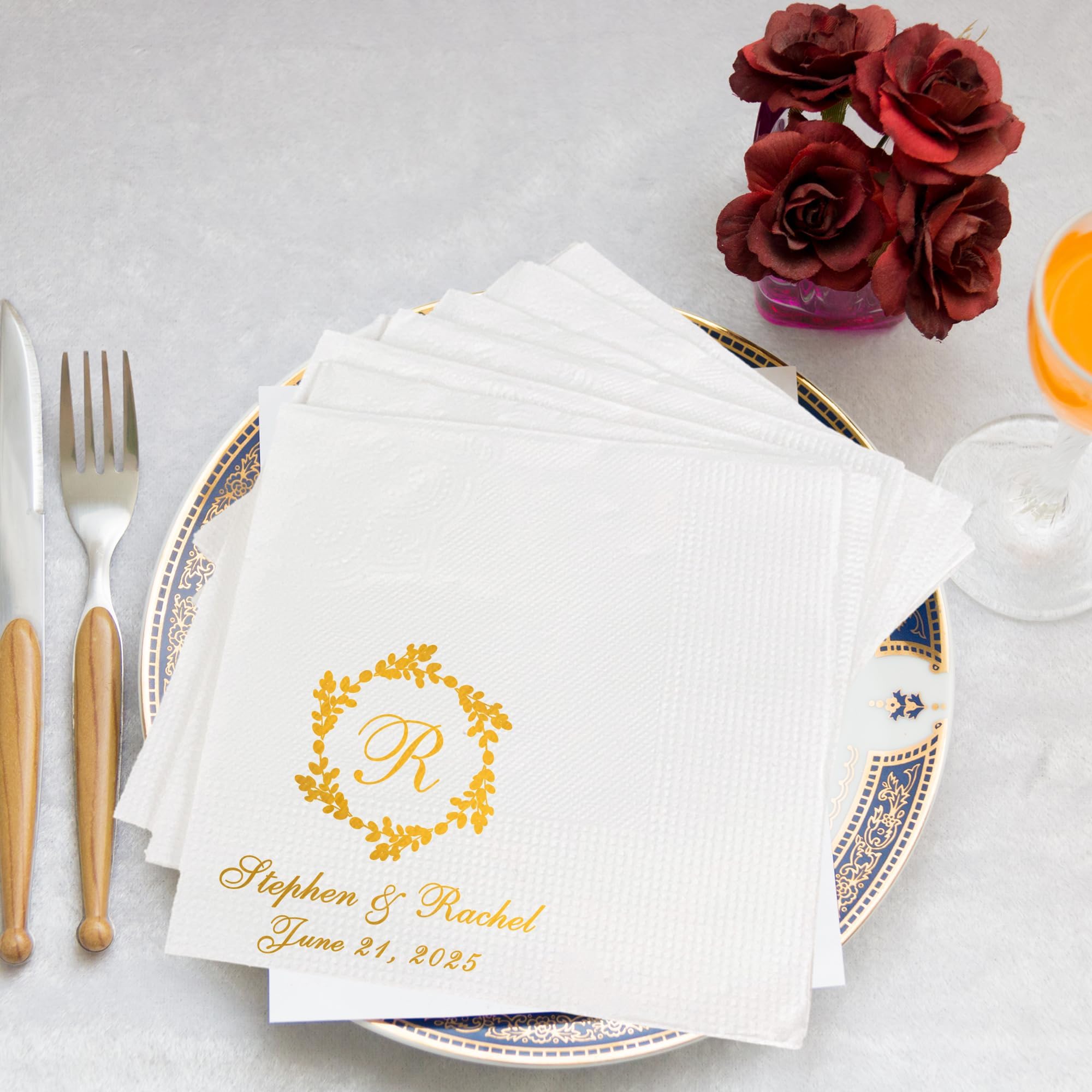 Custom Cocktail Napkins Wedding, Monogrammed Name Couple, Pack 50 100 150 500 Anniversary Party, Disposable Decoration Initials Beverage Bar Reception Cocktail Luncheon Dinner, Golden Style 2
