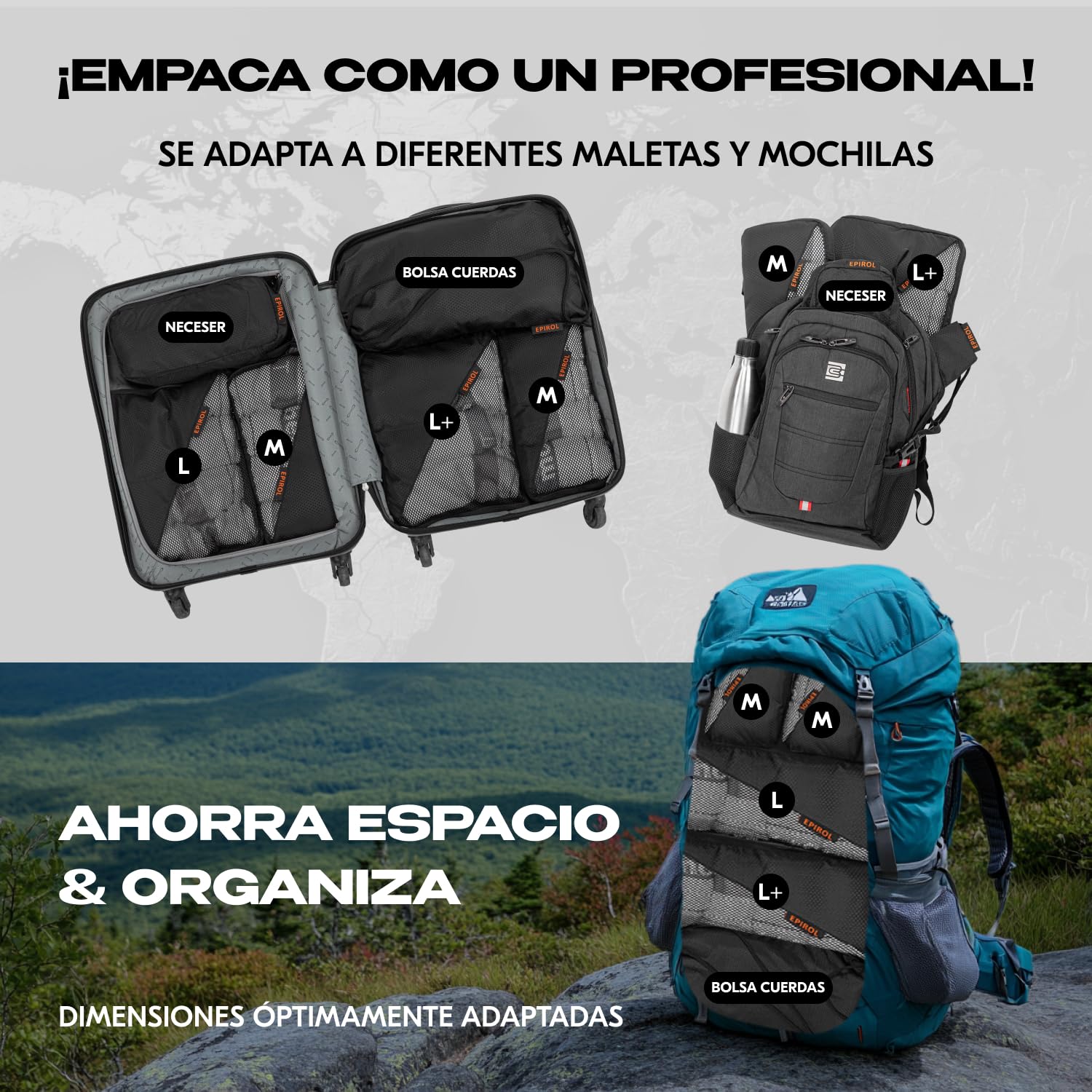 Organizador Maleta - Bolsas Compresión Viaje - Bolsas Organizadoras Maleta - Packing Cubes Travel Essentials - Accesorios viaje Regalo Para Viajeros (Negro)