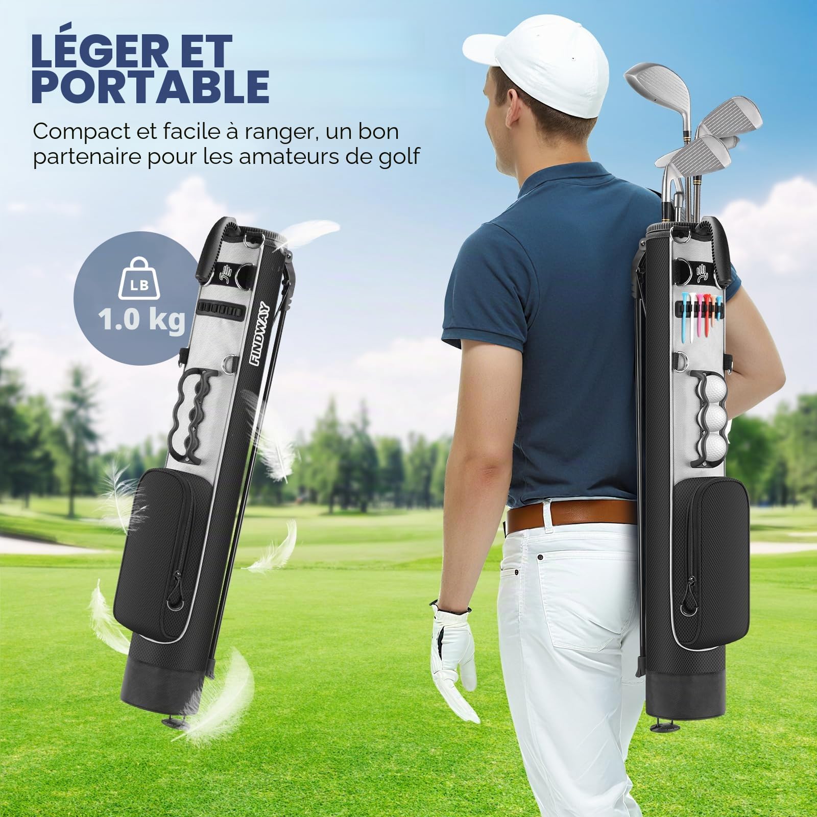 Findway Sac de Golf Léger à Pied avec Sangle, Facile à Porter et Durable pour Le Parcours de Practice, Le par 3 et Les Parcours Exécutifs, 31,5 Pouces de Hauteur
