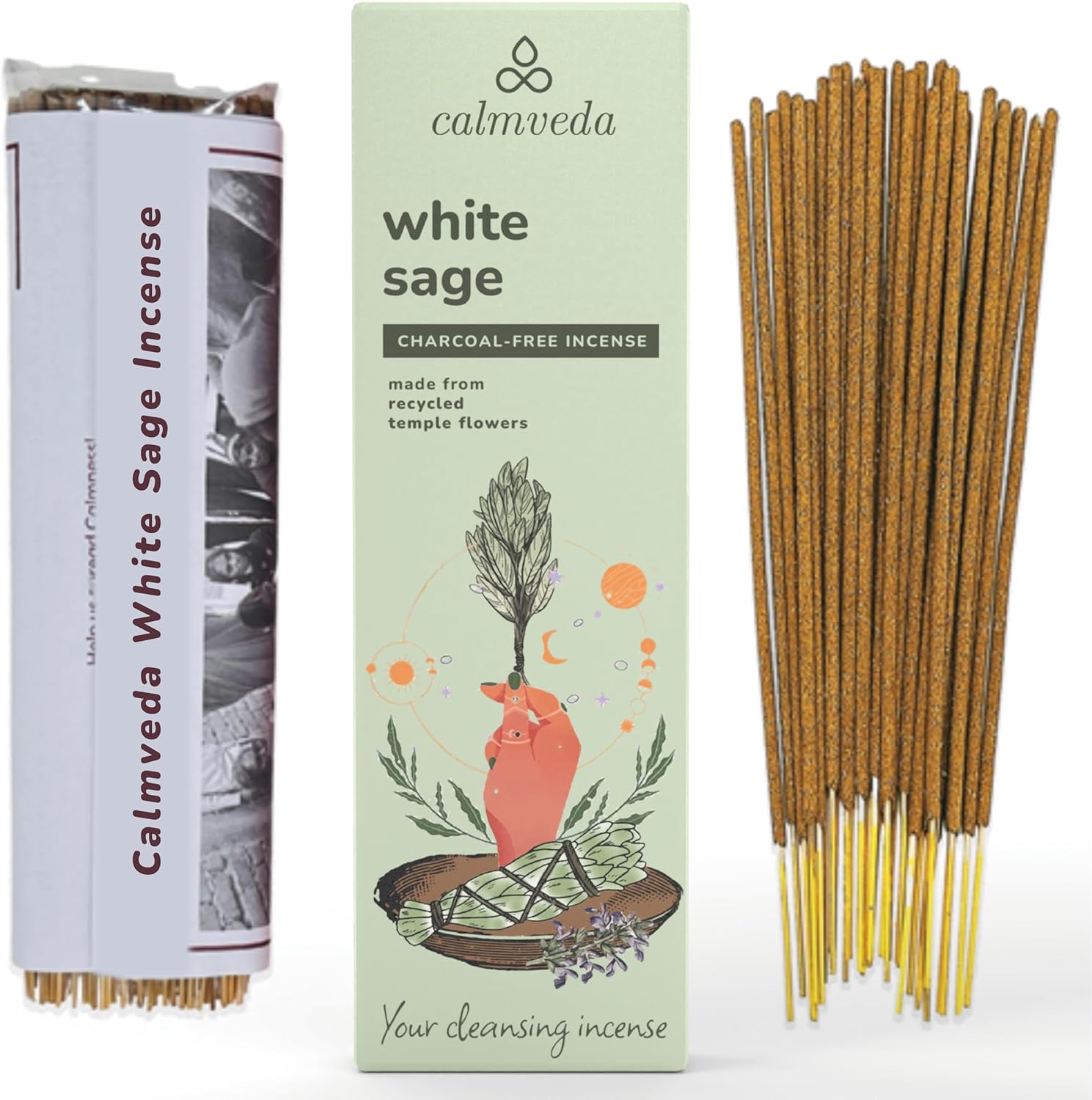 CALMVEDA, White SAGE Incense with Fresh Lavender Incense and Indian Sandalwood Incense (80 Sticks + 1 Spray) | Beautiful Natural Incense and Spray for Meditation Environment and Spiritual Practice
