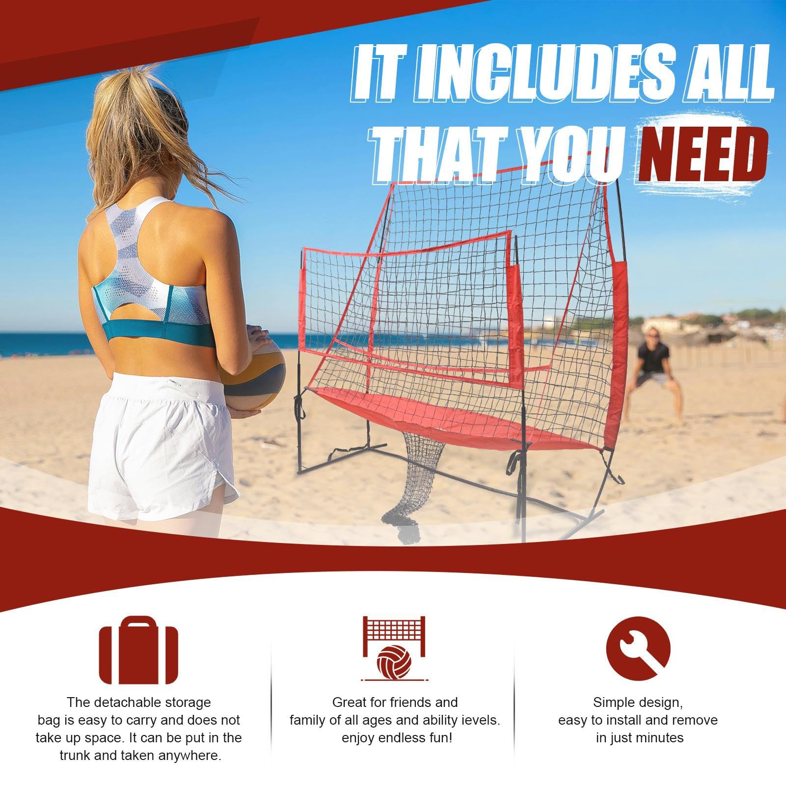 Volleyball Bounce Back Net - Portable Stable Iron Pipe Rebounder Net for Volleyball - Multifunctional Training Supplies, Height Adjustable Practice Net for Backyard Beach Garden