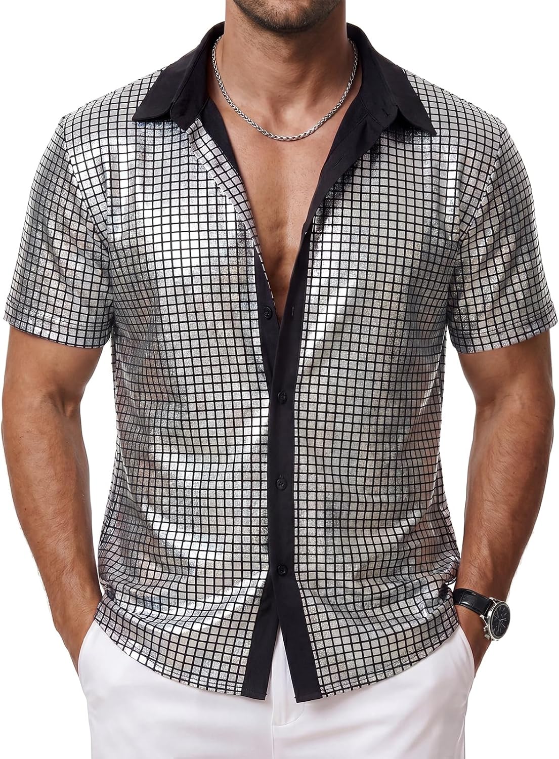 American Trends Men's Sequin Shirt 70s Disco Outfit Metallic Shiny Contrast Collar Breathable Clubwear Festival Tops
