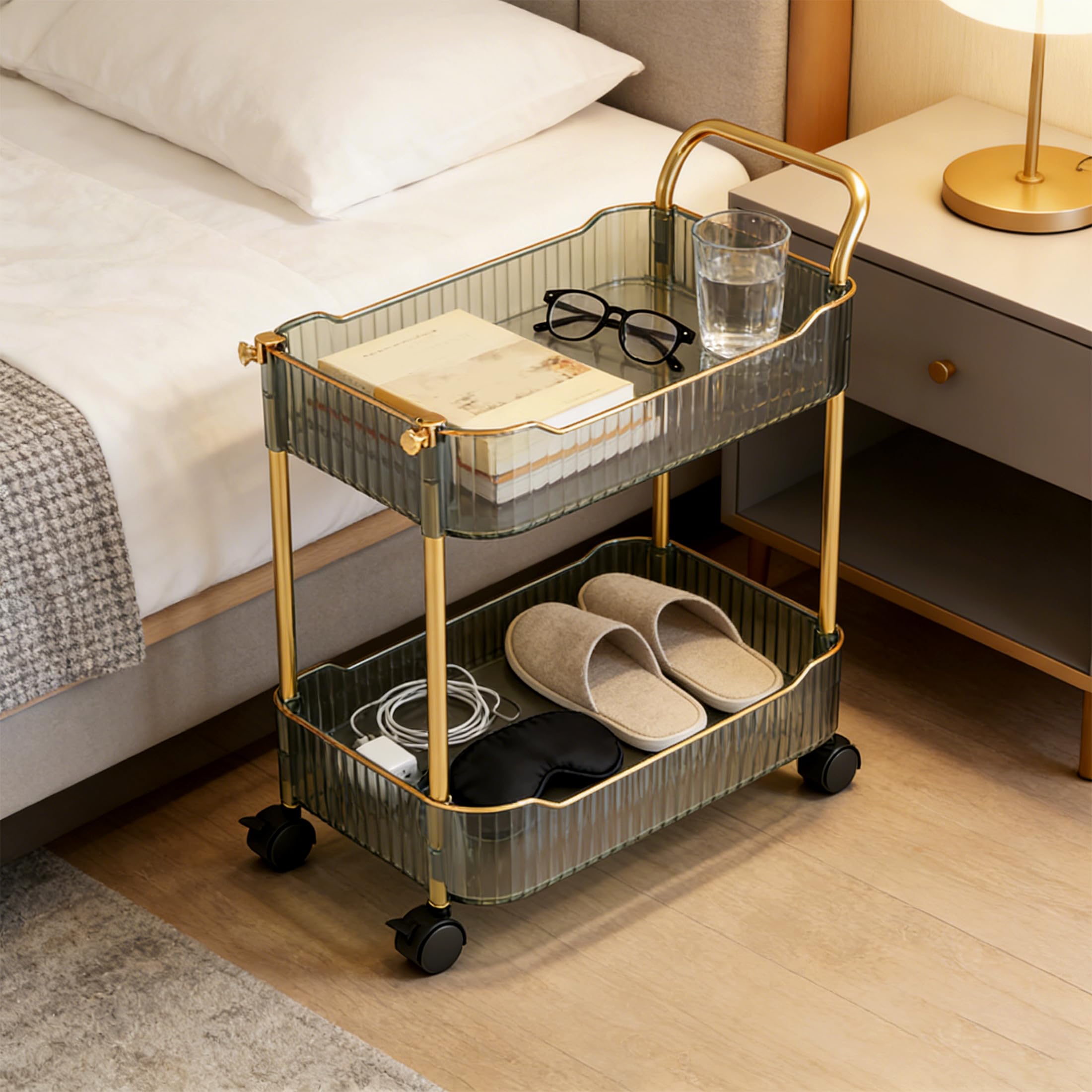 Green Beauty Trolley on Wheels Acrylic Storage Cart for Bathroom Salon — image 1