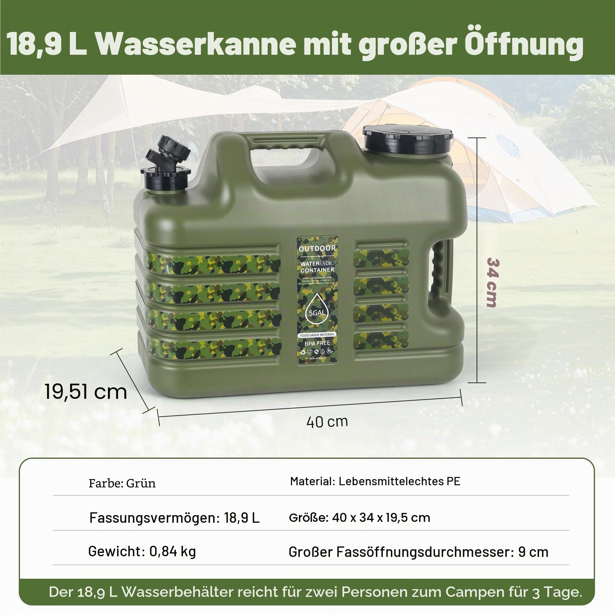 ASIEIT Wasserkanister mit Hahn 18.5L, Camping Wasserkanister, BPA-frei Tragbarer Mehrzweck Kanister Wassertank, Wassertank Camping mit Griffen, Auslaufsicher kanister, für Notfälle, Outdoor