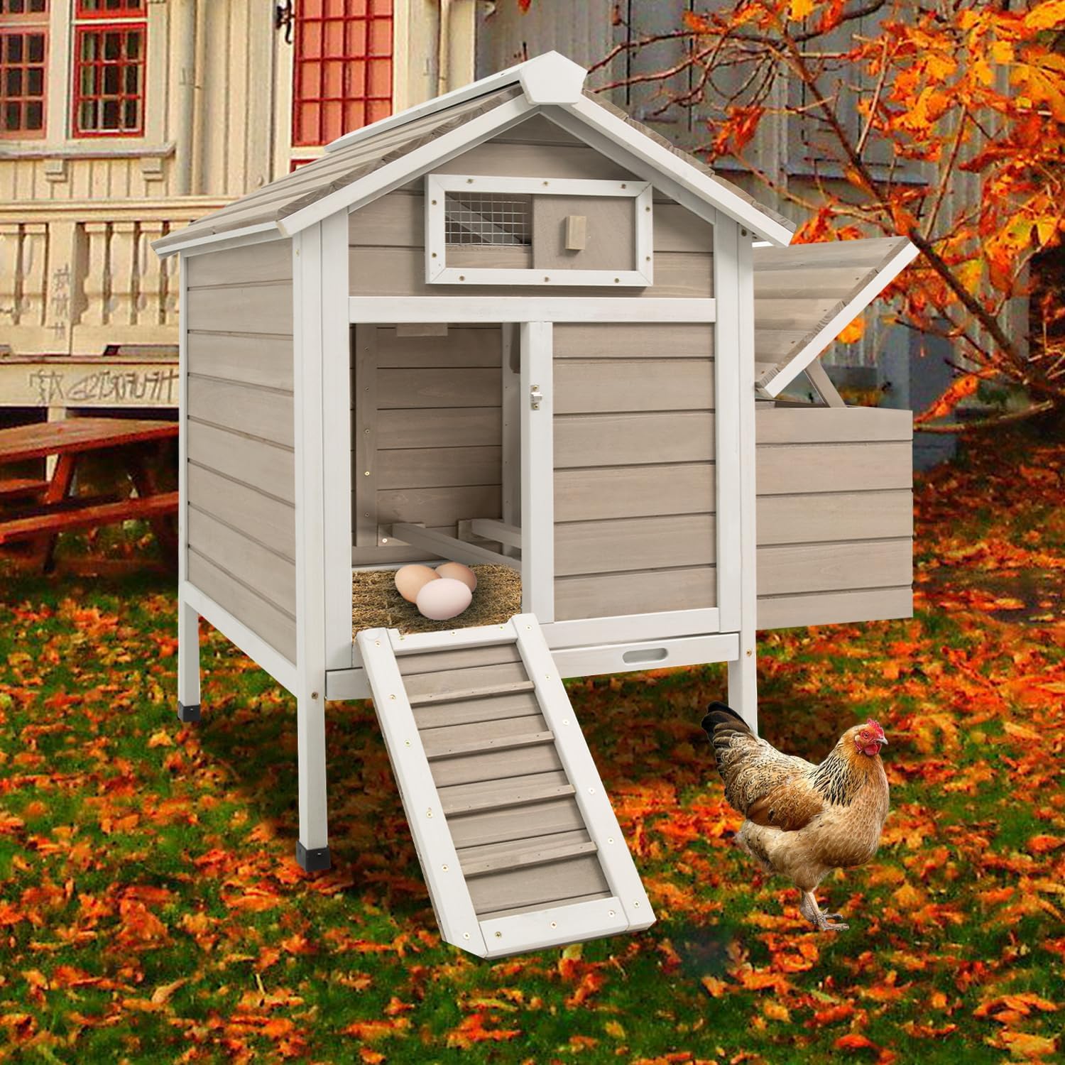 Chicken Coop Chicken House Outdoor with Removable Trays, Wooden Rabbit Hutch Poultry Cage with Nesting Box, Indoor Hen House Chicken Cage with Ramp for Garden Backyard (32"L x 23.6"W x 36.6"H)