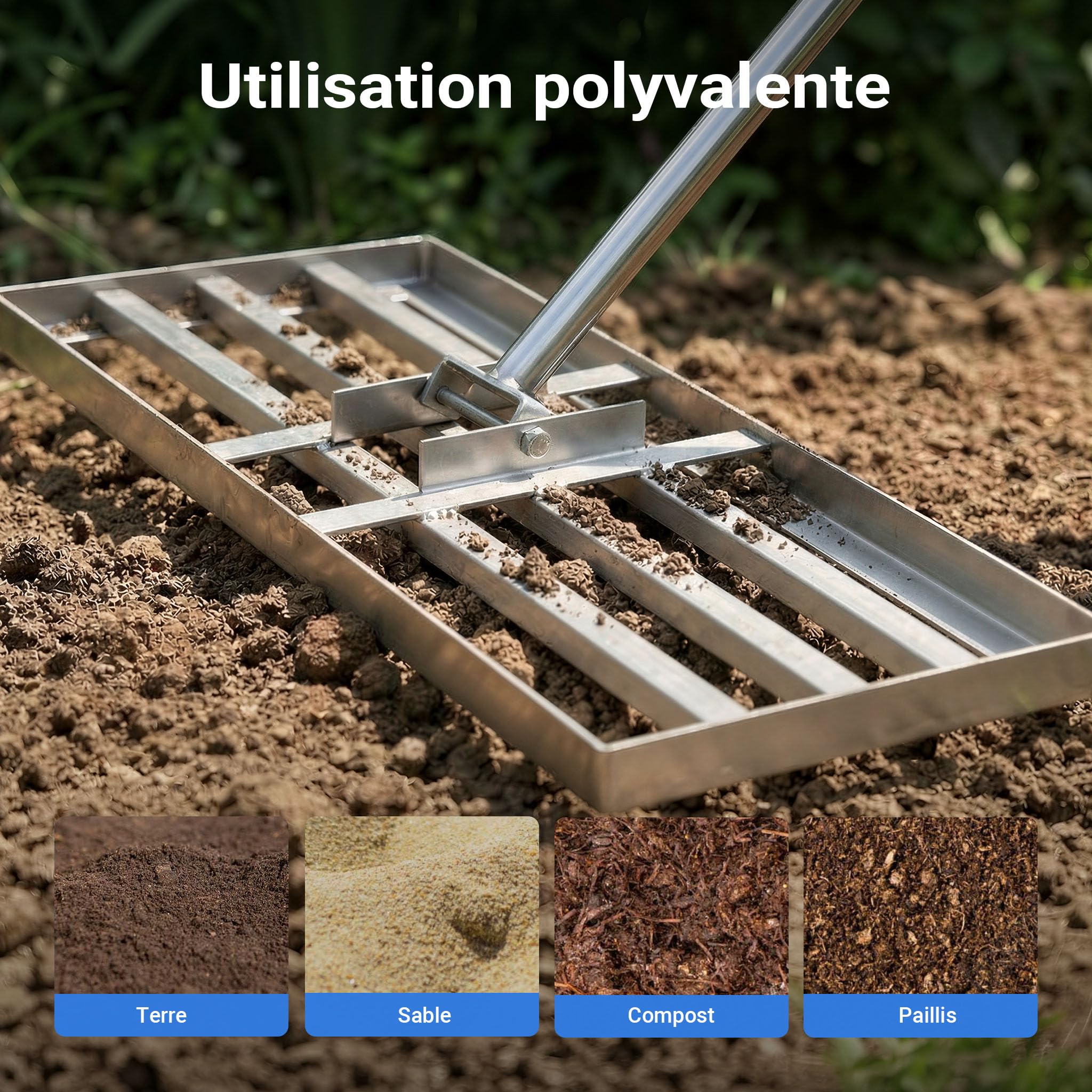 Wiltec Raclette de Gazon Taille M – 750 x 250 x 2000 mm – en Acier INOX – avec Manche 2 m – Grattoir de Jardin Râteau niveleur pour Sabler et Niveler