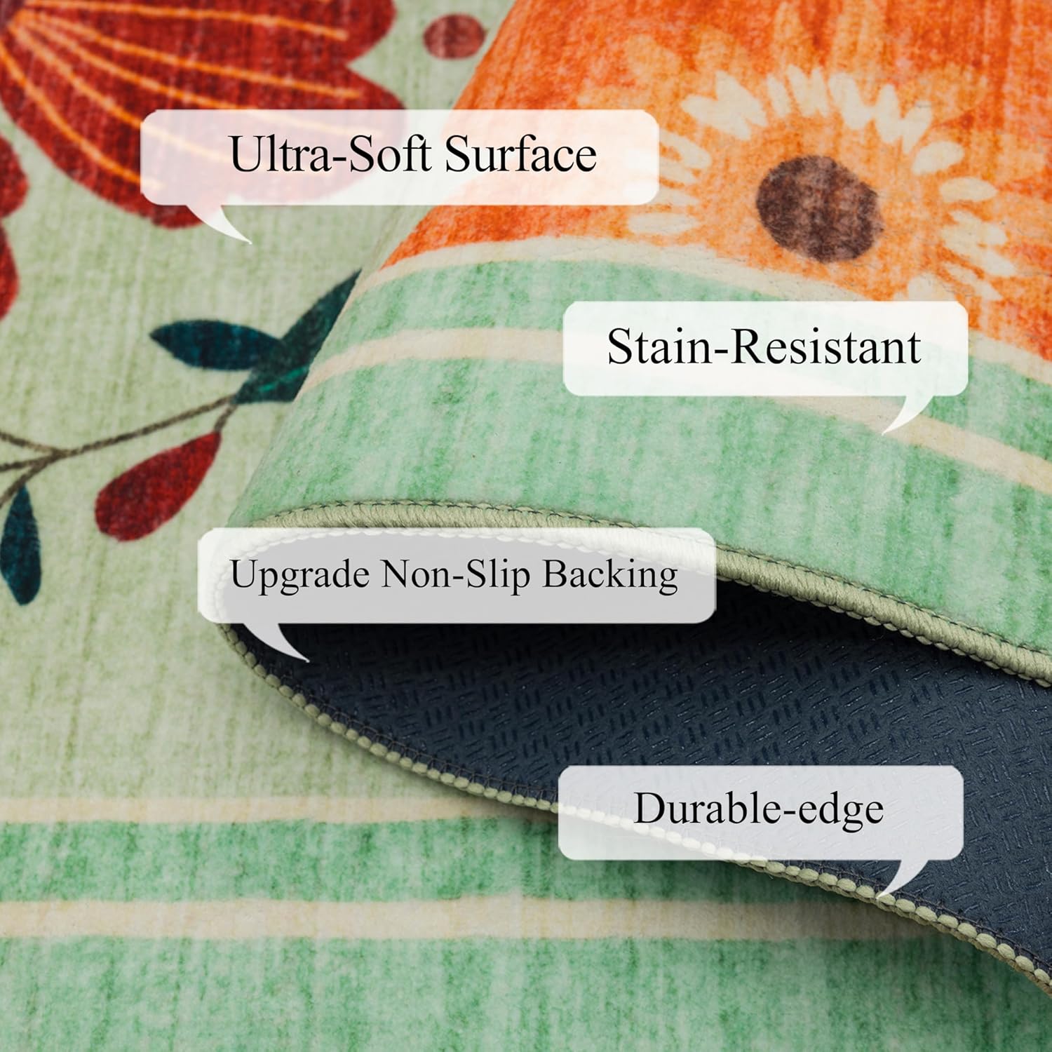 Ruaruarug Area Rugs Floral, Non-Slip Machine Washable Wear-Resistant, Ultra Soft for Living Room/Bedroom/Kitchen/Classroom Flower Green, 2'×3'