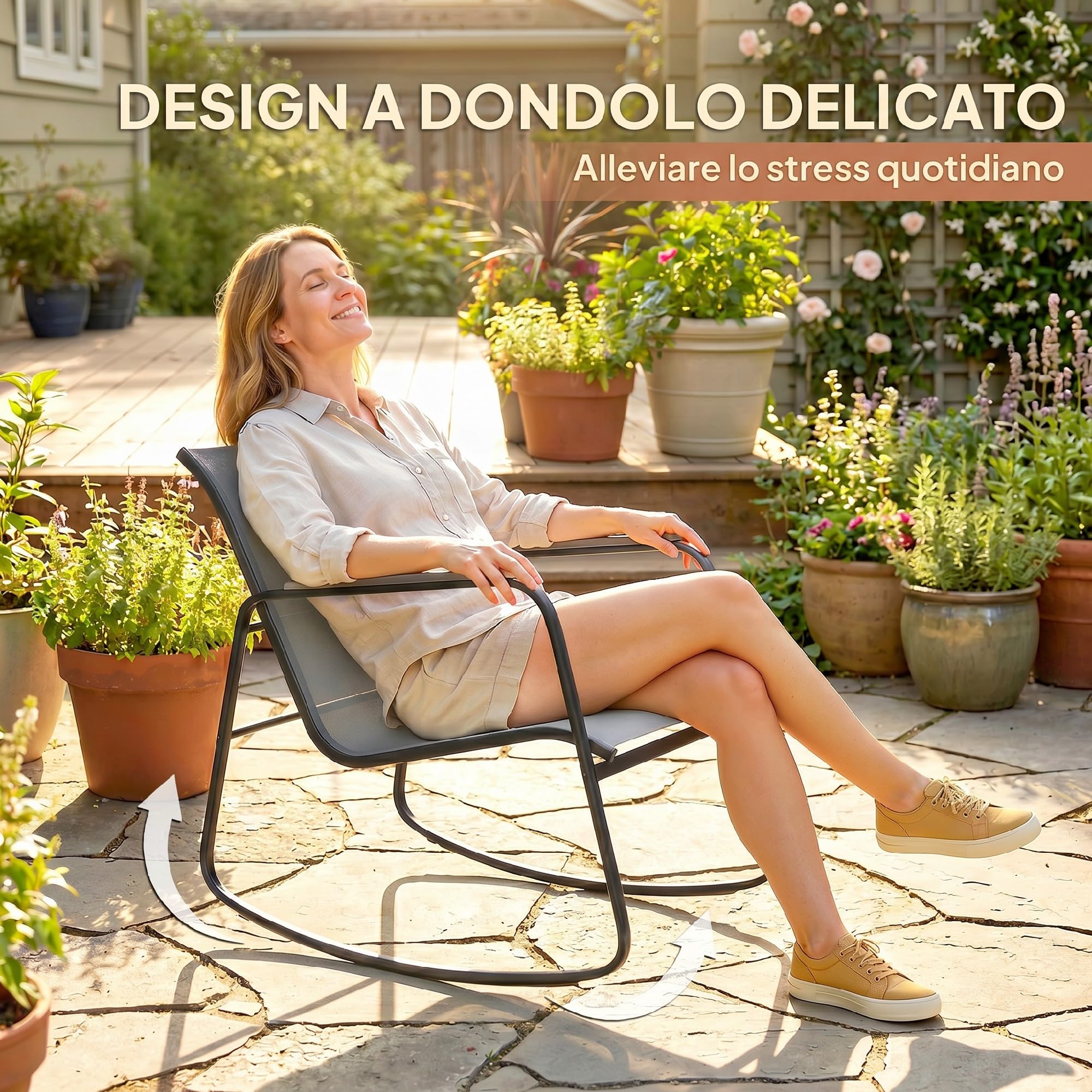 Outsunny Set da Bistrò da 3 Pezzi, Set Tavolo e Sedie da Giardino in Acciaio con 2 Sedie a Dondolo Traspiranti in Texteline e Tavolino in Vetro, per Patio Balcone, Grigio