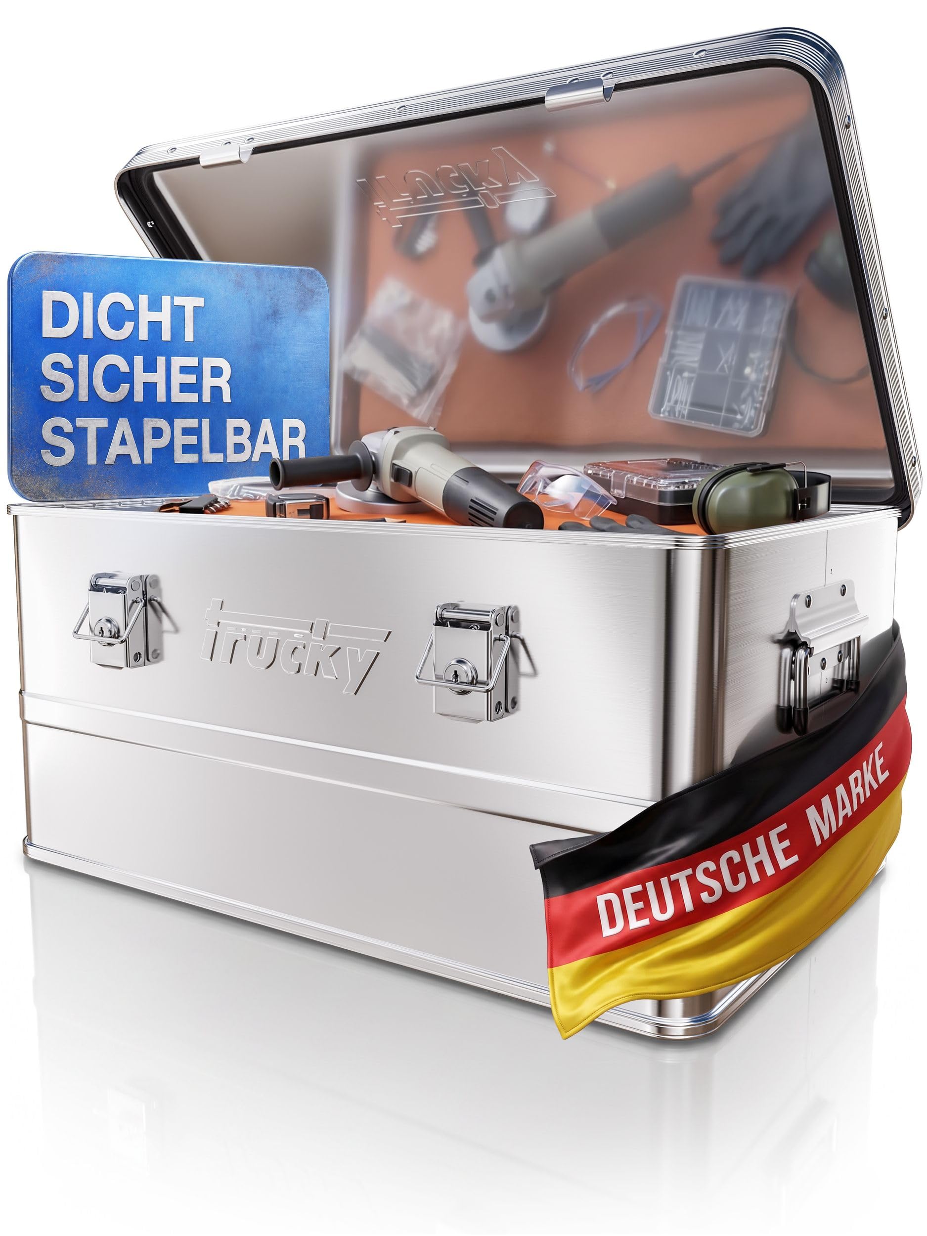 Trucky Caja de aluminio con tapa, color plateado, caja de aluminio, 50 litros, caja de transporte, caja de metal, caja de almacenamiento de aluminio, con cerradura, caja de metal
