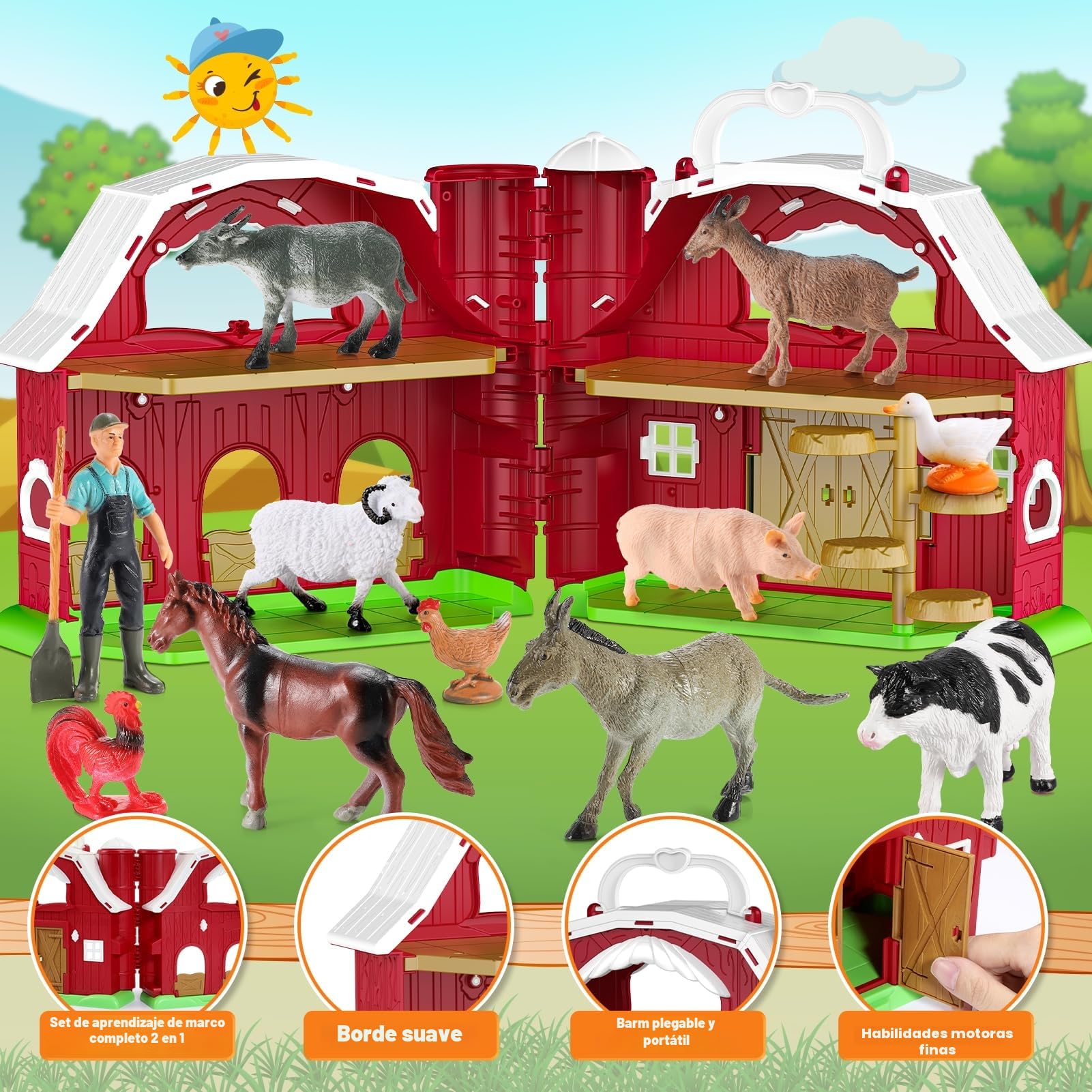 HappyKidsClub Juguete Granja Montessori Bebés 1-4 Años, Set Granja Interactiva - Granero Desplegable con 10 Animales y Granjero y camión - Juguete Educativo Seguro para Niños Bebés