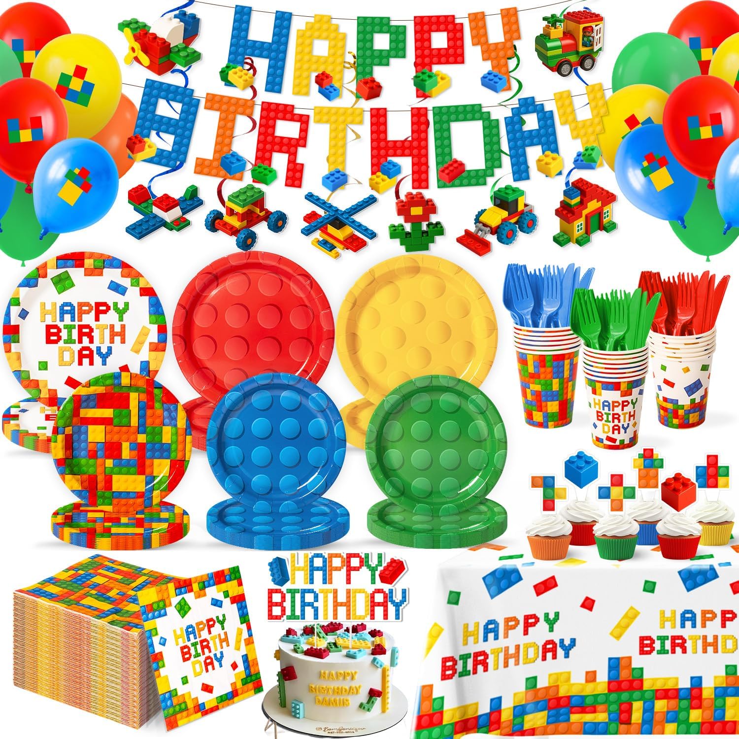 197 Pcs Building Blocks Birthday Paper Plates Tableware Set (Serves 24), Colorful Blocks Supplies Include Banner Pendant Plates Napkins Cups Forks Knives Tablecloth Topper Balloons For Kids Party
