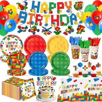 197 Pcs Building Blocks Birthday Paper Plates Tableware Set Serves 24, Colorful Blocks Supplies Include Banner Pendant Plates Napkins Cups Forks Knives Tablecloth Topper Balloons For Kids Party