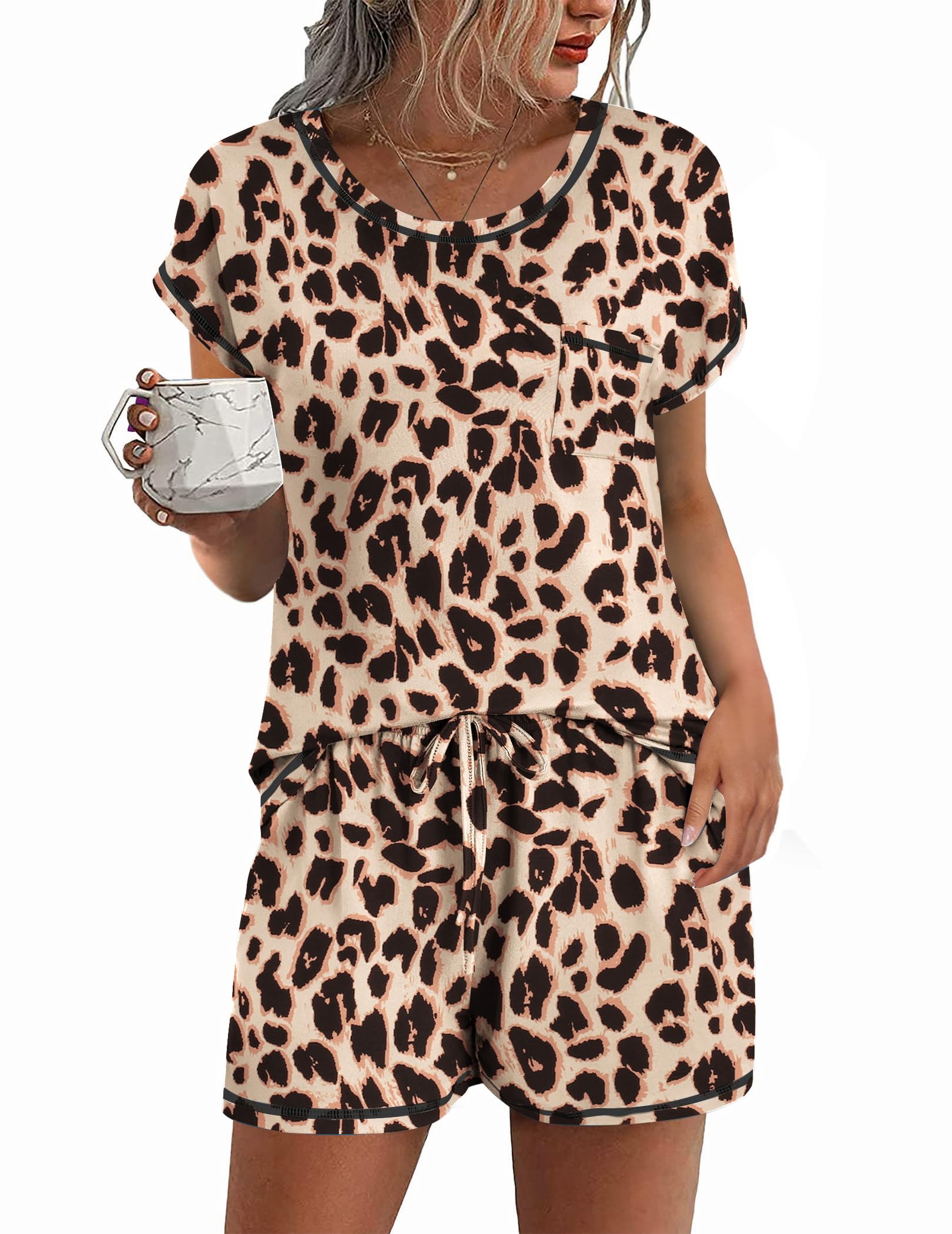 Ekouaer Pajama Set for Women 2 Piece Loungewear Short Sleeve Tops and Shorts Set Soft Sleepwear with Pockets