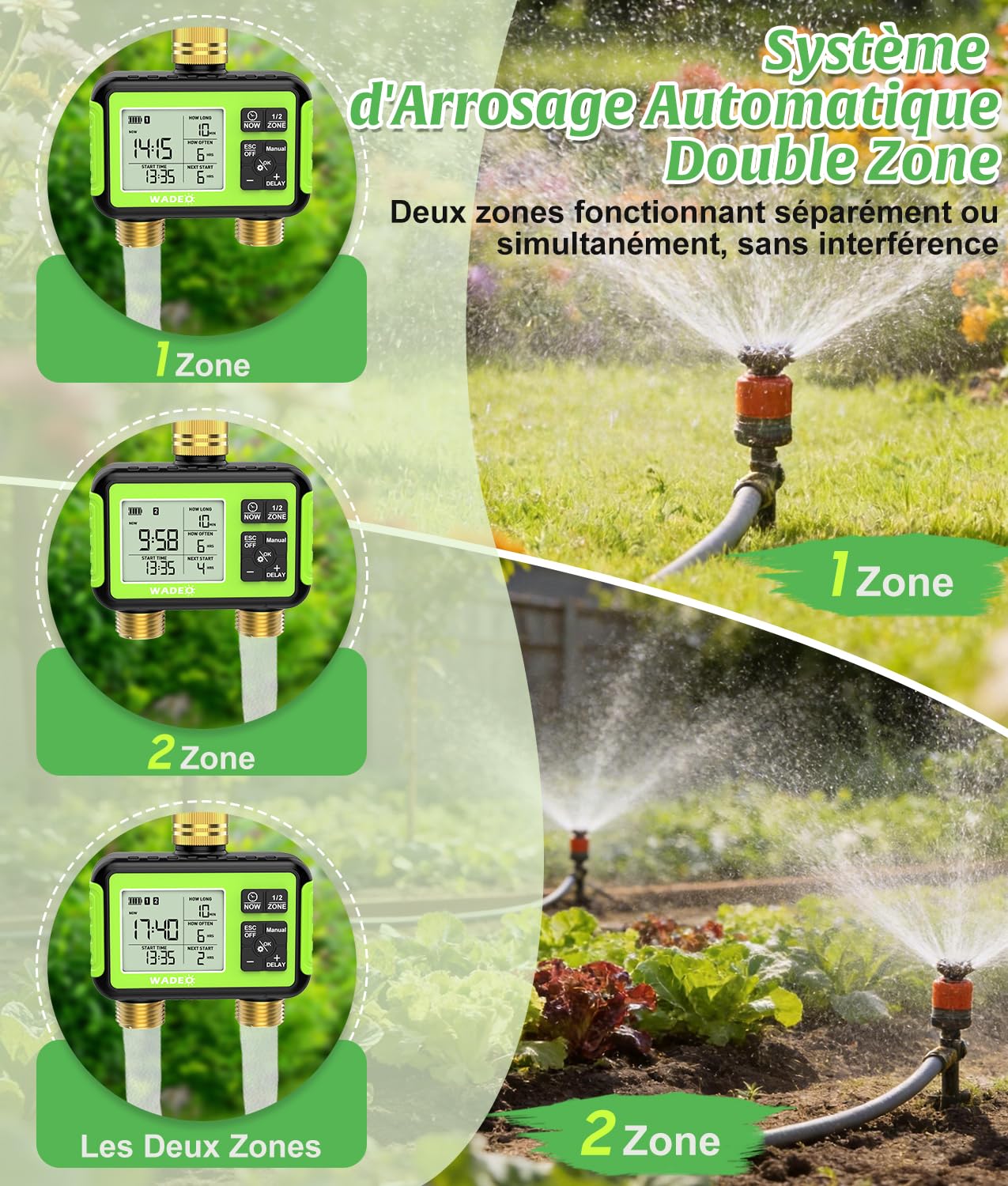WADEO Programmateur Arrosage 2 Zones Indépendant – 2 Voies, Entrée/Sortie Laiton, Écran LCD, Modes Auto/Manuel/Délai Pluie/Verrouillage Enfant, Arrosage Automatique pour Jardin et Pelouse