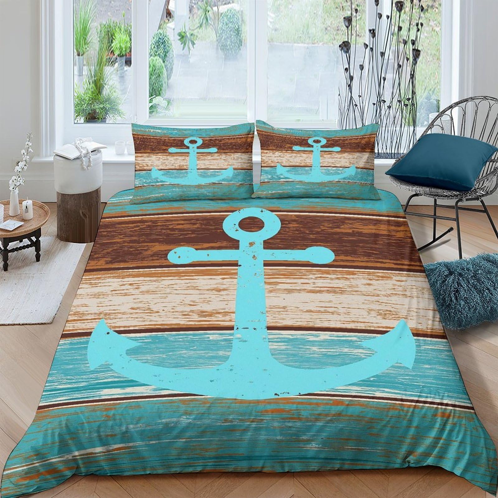 XFKLYNVCJ 3D Printed Nautical Anchor Duvet Cover Microfiber Rustic Coastal Style Comforter Cover Stain Resistant Fade Resistant Hypoallergenic No Iron for Guest Room Daily Use Single（140x200cm）