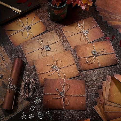 Juego de 60 sobres y papel estacionario vintage, incluye hojas de papel de carta antiguos, sobres de estraza y accesorios retro, cuerda (estrellas,