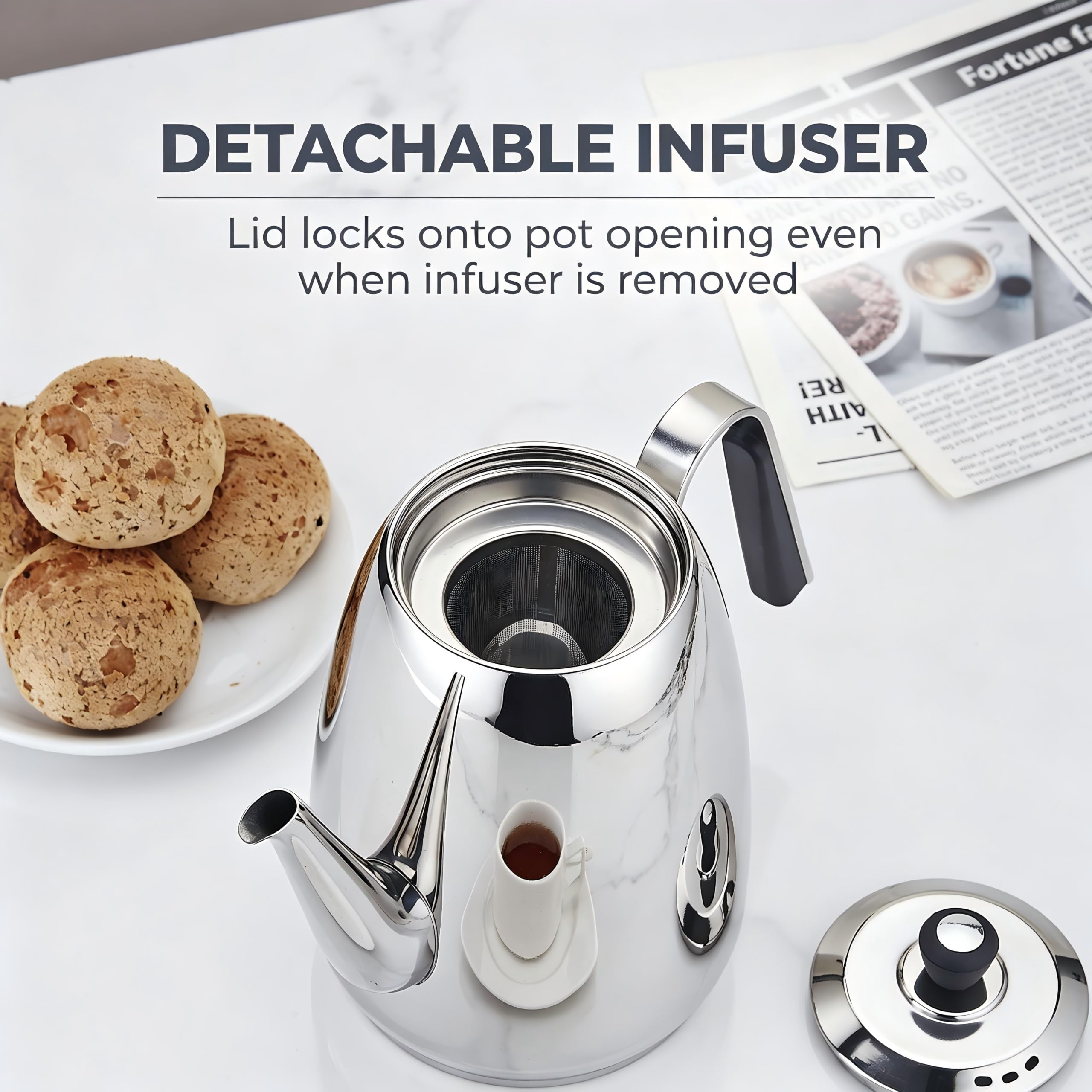 SANQIAHOME Tetera de acero inoxidable con colador, con infusor extraíble o filtro para hojas sueltas y bolsas de té, jarra de agua fría, apta para lavavajillas, plata, 1600 ml