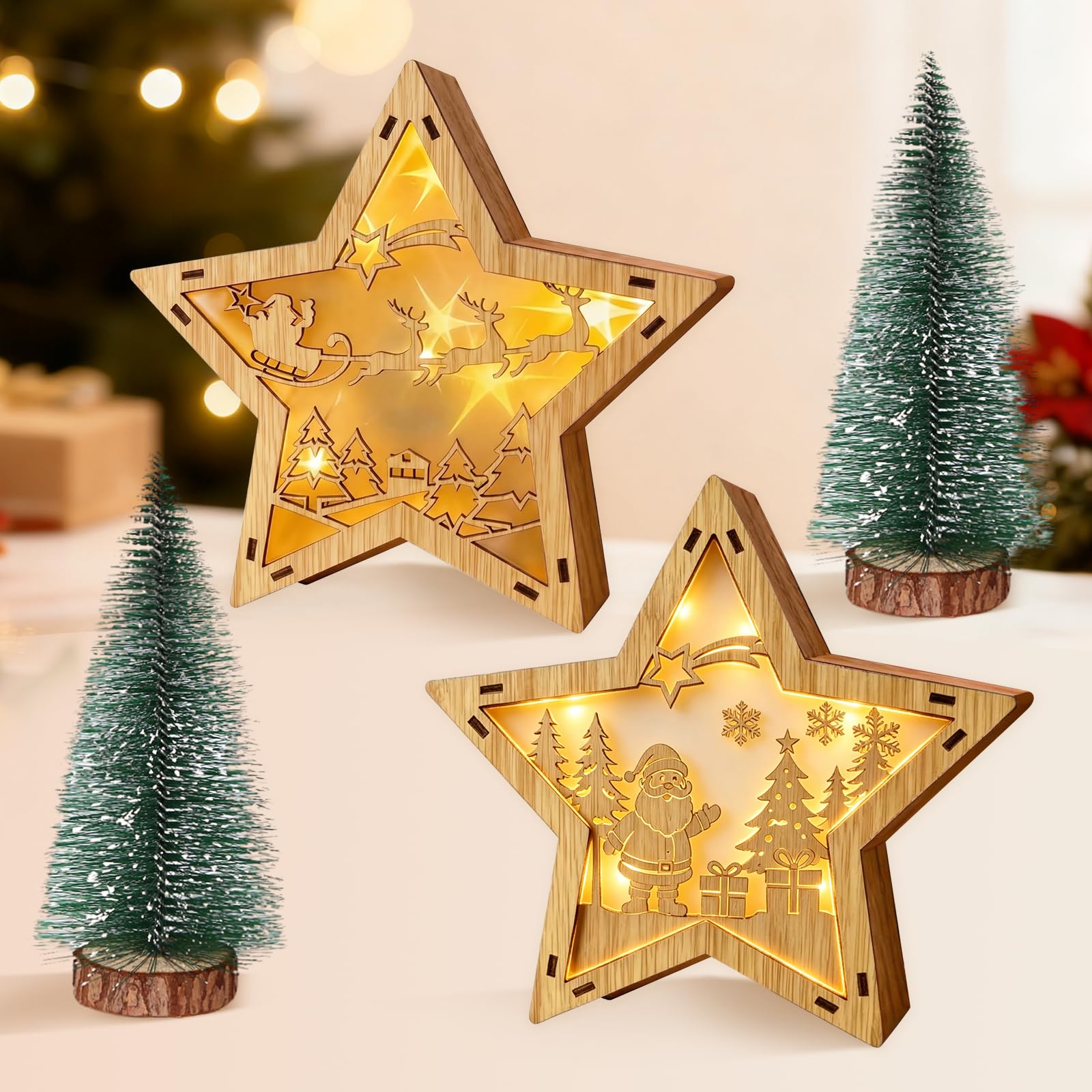 2 Weihnachtsdeko Stern aus Holz, LED Weihnachtsstern Beleuchtet Weihnachtsdeko Holz Innen,2 Weihnachtsbäume, Rentier LED Weihnachtsstern Beleuchtung Warmweiß Weihnachtsschmuck Weihnachtsdekoration