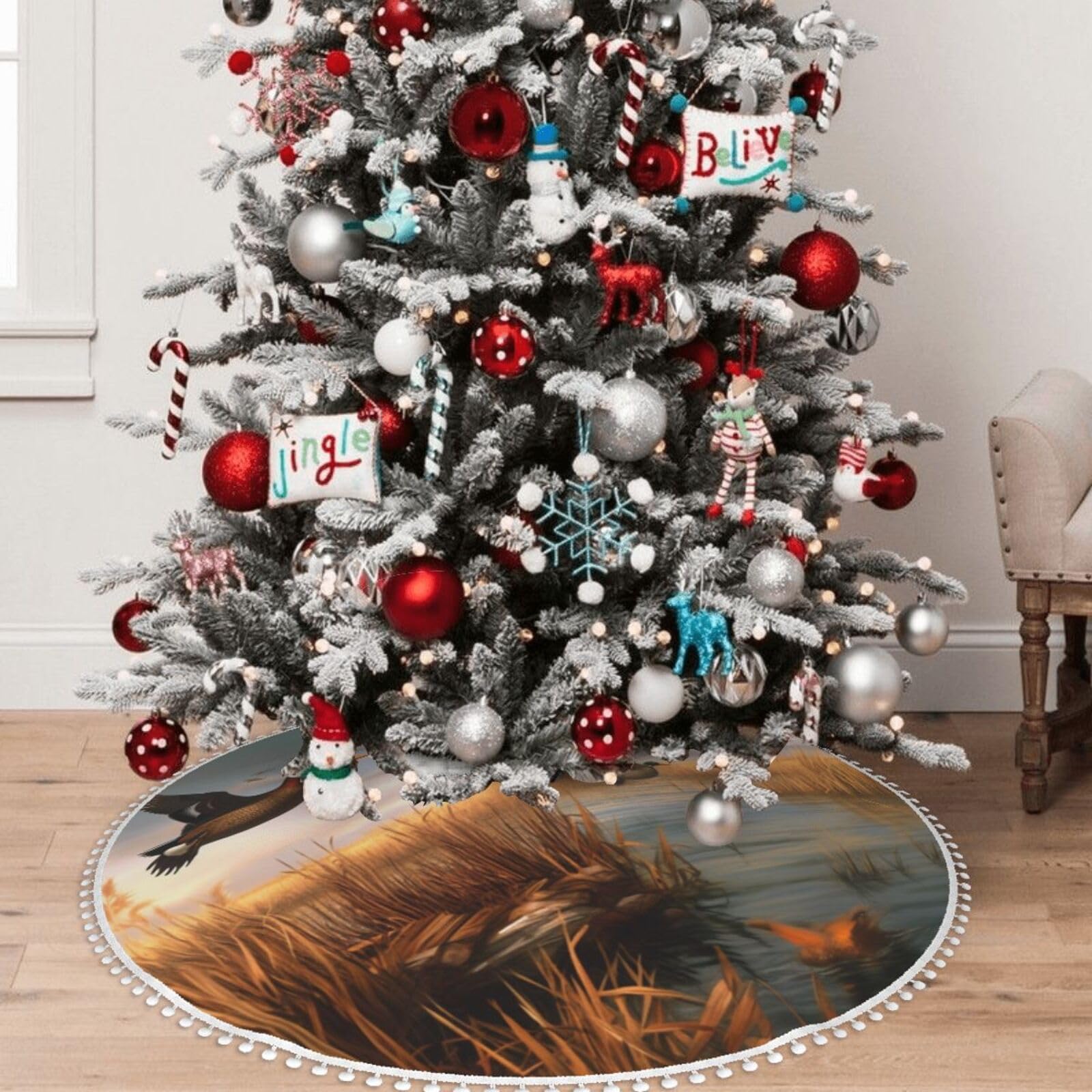 Jagd fliegende Wilde Enten 6 bedruckte Weihnachtsbaumdecke mit Pompon, 122,9 cm Weihnachtsbaumröcke, Dekoration für Zuhause, Garten, Büro, Urlaub, Party