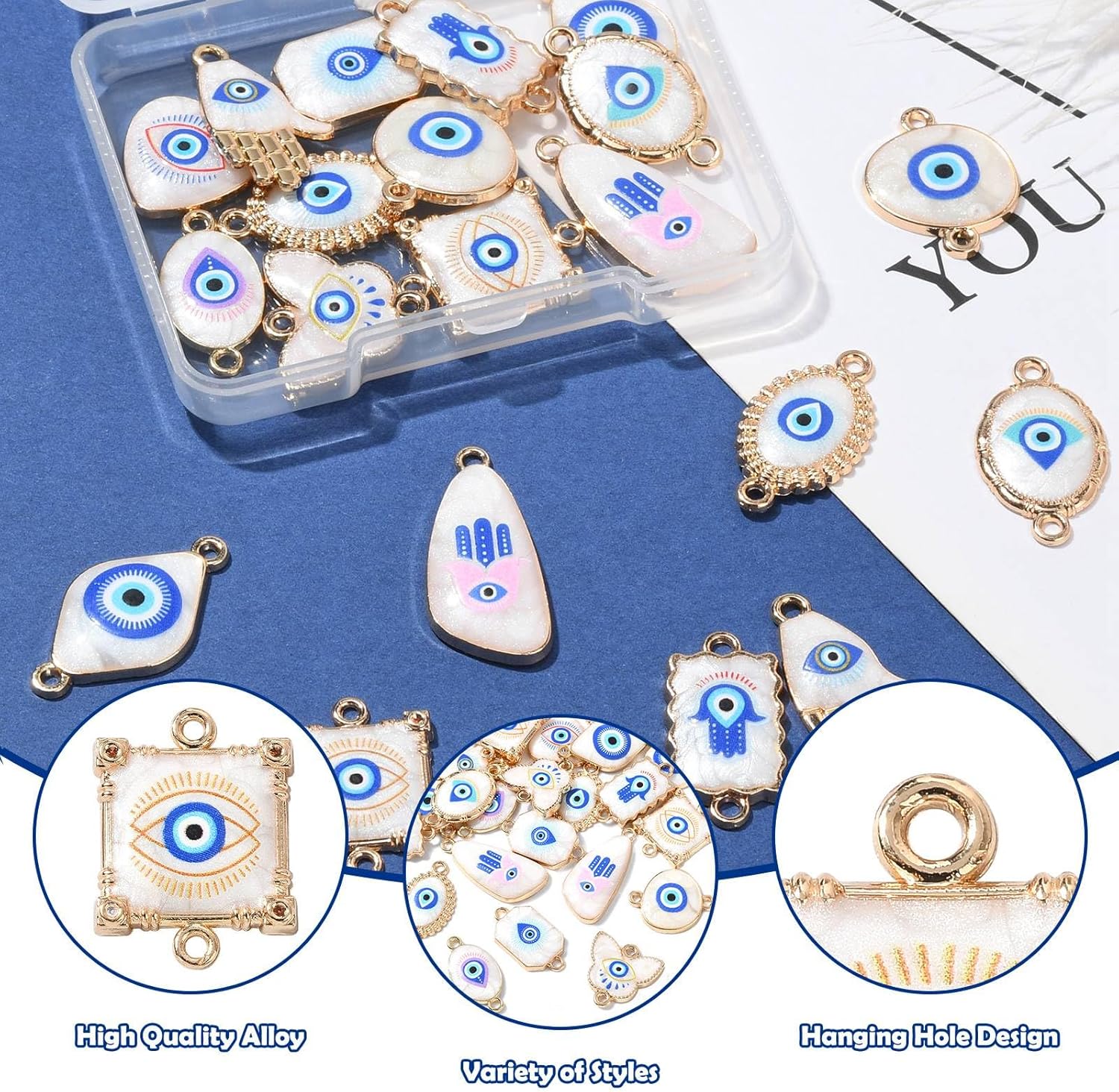 LiQunSweet 24 pcs 12 Styles Blue Evil Eye Enamel Connector Charms Heart Butterfly Square Oval Shaped Lucky Eye Link Charms for DIY Jewelry Necklace Bracelet Earring Crafts - Image 3