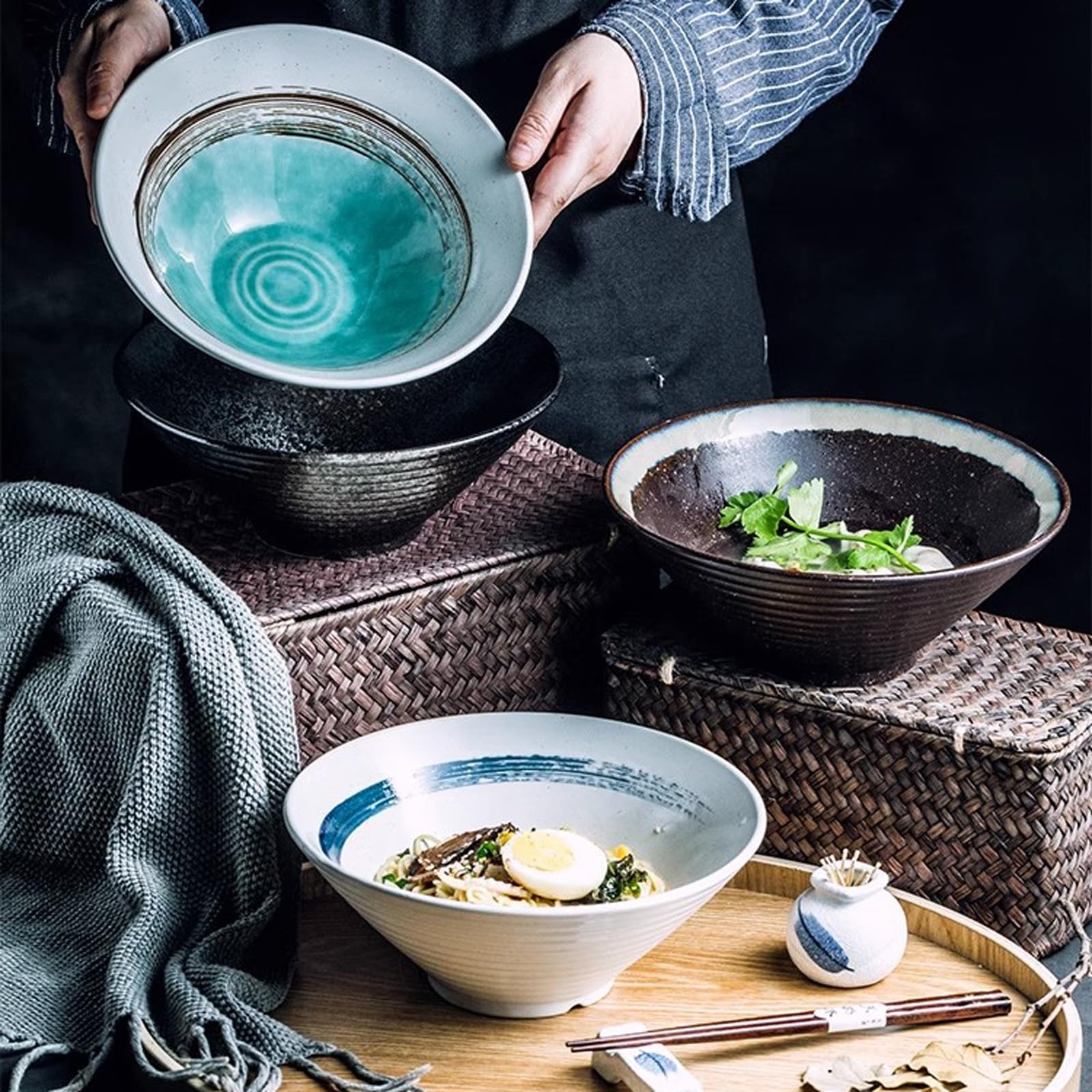 CFWSHJ Miski sałatkowe Miska na makaron chiński Lamian, Makaron w misce na zupę, Miska ceramiczna do użytku domowego, Miska do jadalni, Miska na bambusowy kapelusz, Zastawa stołowa Miski kuchenne na