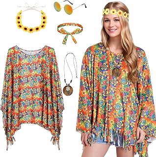 Formemory Hippie Kostüm Damen,70er Jahre Outfit Damen Hippie Kleidung Damen Hippie Poncho Damen mit Hippie Accessoires 60er 70er Jahre Bekleidung Damen Disco Outfit Karneval Fasching Kostüm Damen