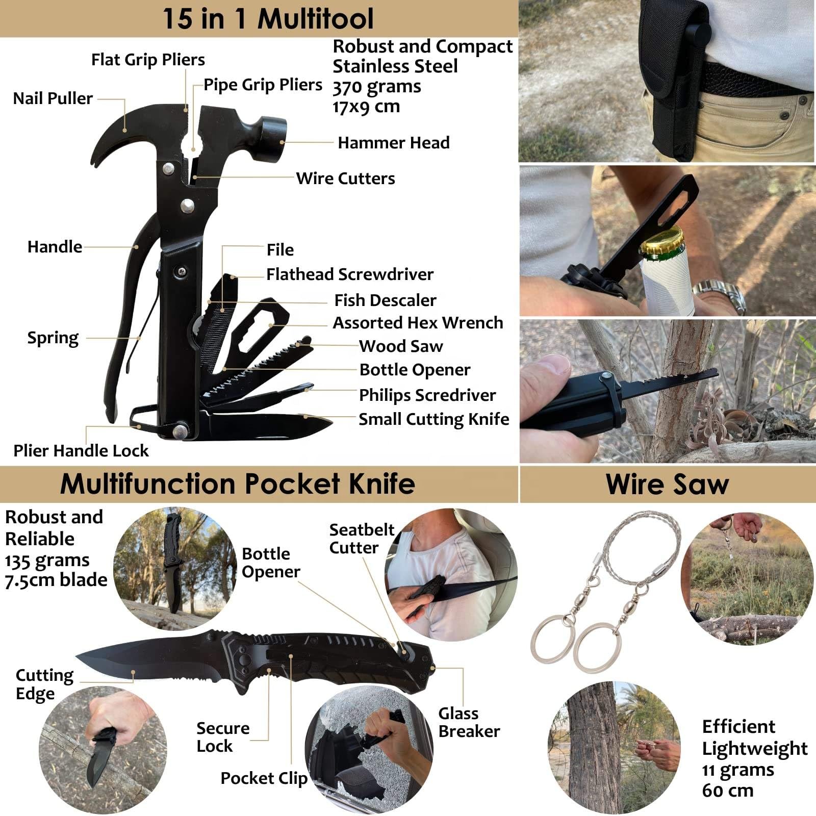 Survival Pro Outdoor Notfallausrüstung Set, Taktischer Rucksack mit Erste-Hilfe-Kit, Paracord, Angelset, Multitool-Karte, Faltbare Schaufel, Khaki, 262-teilig