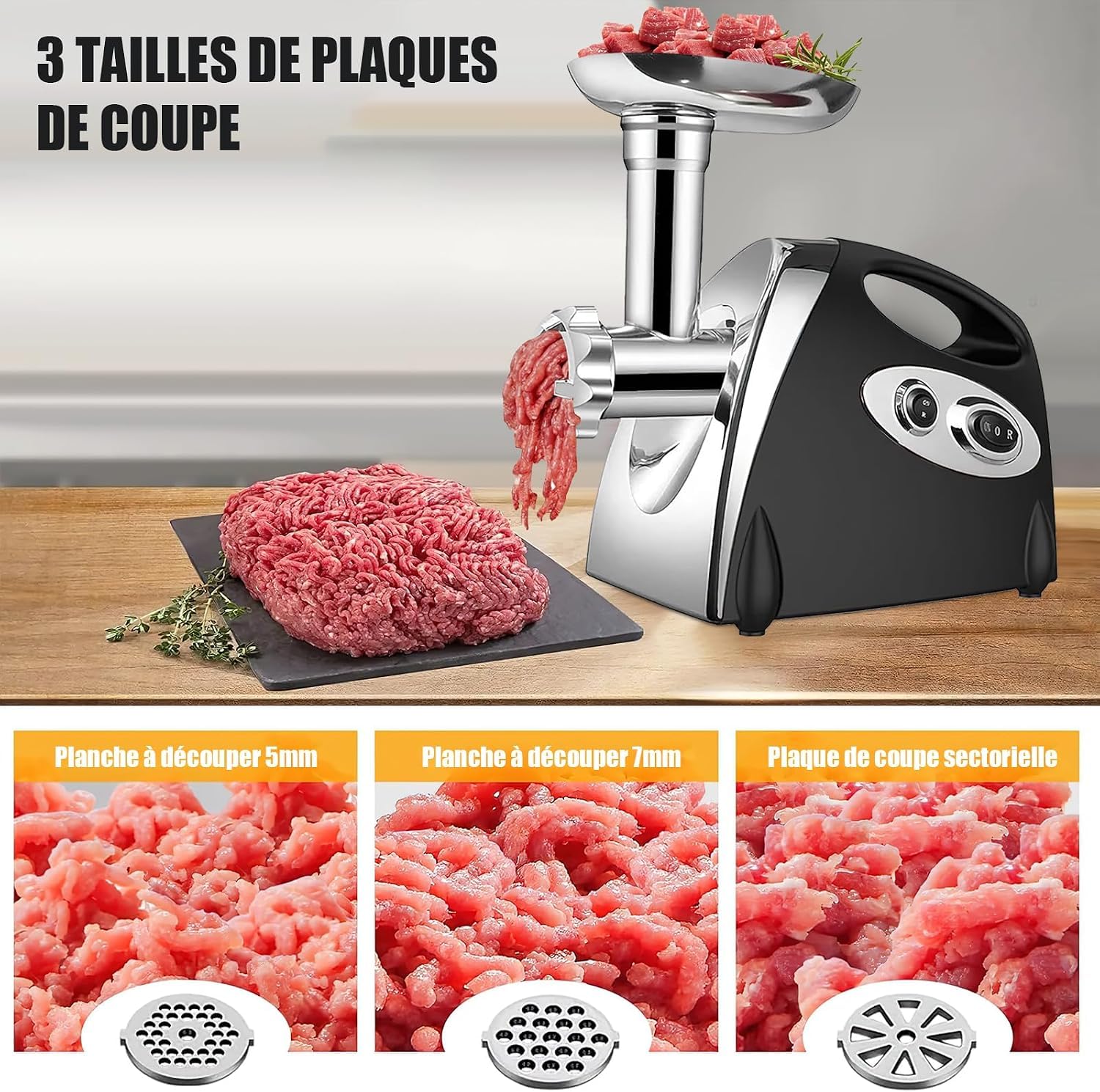 Picadora eléctrica de carne, 2800 W, 3 placas de acero inoxidable, color