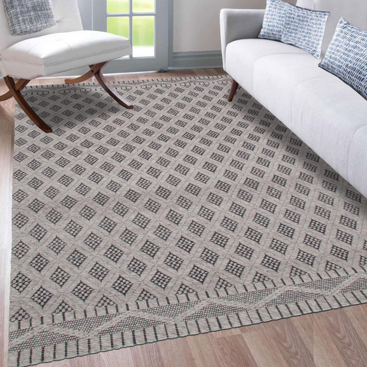 IMPALO Tapis Kilim, 200 X 290 Cm, Motif Géométrique, Crème, Noir, Tissé À La Main en Inde, Style Graphique pour Grand Salon, 8207