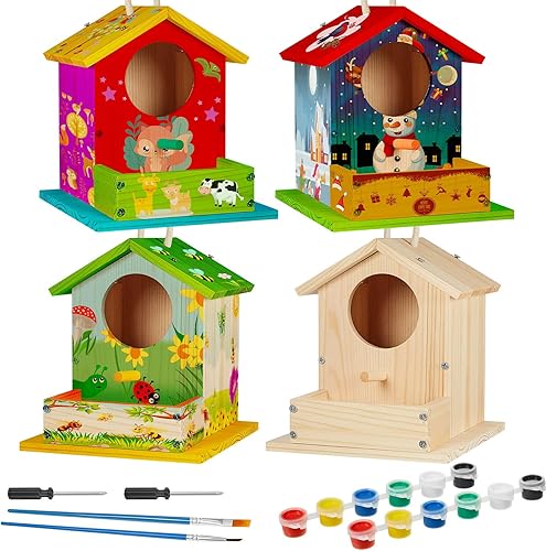 Liliful Paquete de 4 casas para pájaros, casa de madera para pájaros con pintura y pinceles, kits de pintura para artes y manualidades, kits de