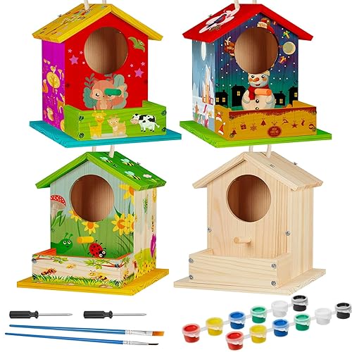 Liliful 4 Pack DIY Wooden Birdhouse Kit, Crafts for Kids