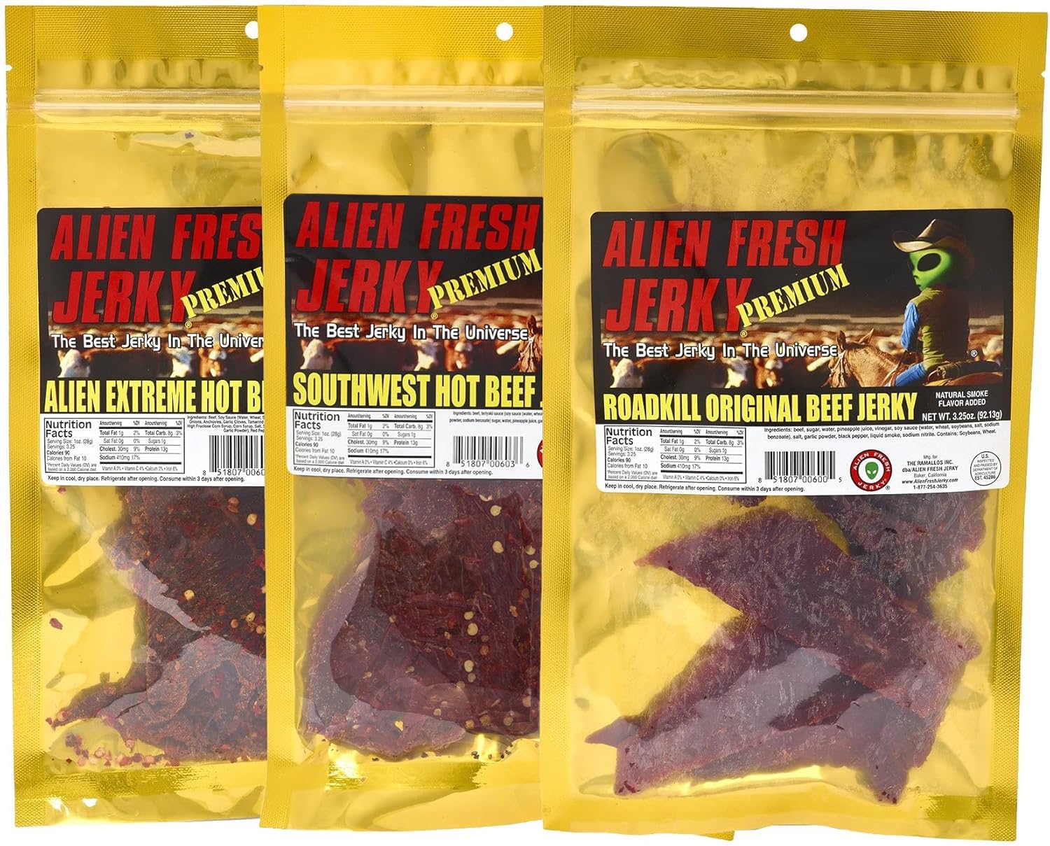 Alien Fresh Jerky - Spicy Trio Variety Bundle | Road Kill Original - Southwest Hot - Extreme Hot | Premium Beef - Low Calorie Snack - The Best Jerky