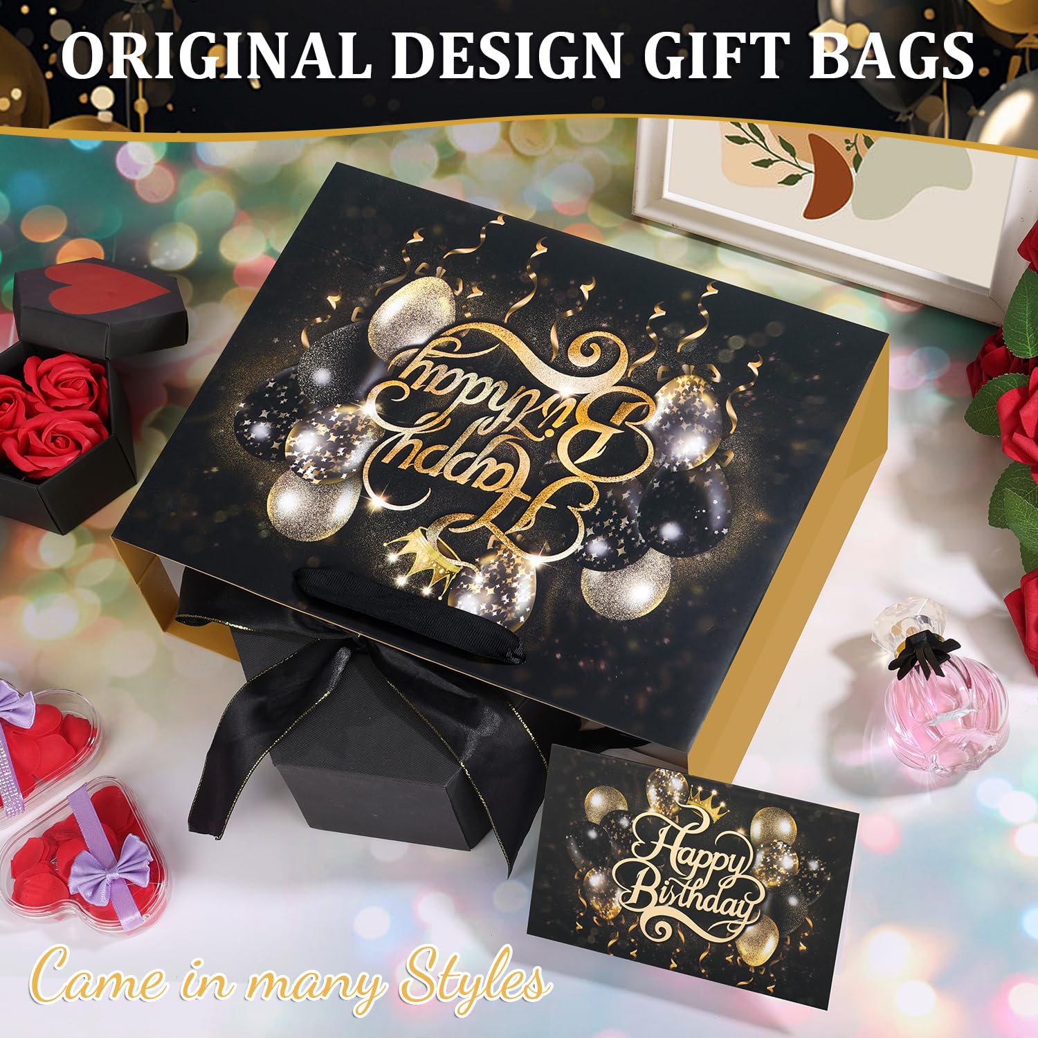 Black Birthday Gift Bag with Tissue Paper and Greeting Card, 12.6“x9.9"x4.3" Happy Birthday Gift Bags for Party, Yellow Balloon Design Gift Wrap Bags Decor for Men, Women and Kids, 1 PCS, Medium Size