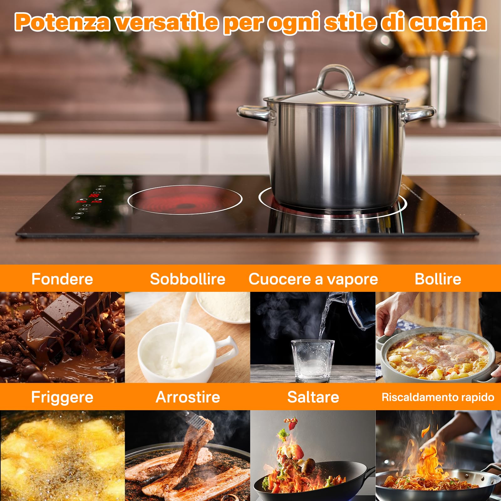 Piano Cottura Elettrico 2 Fuochi 3000W, Incasso o Appoggio | Fornello Elettrico 2 Piastre in Vetroceramica con Controllo Touch, 9 Livelli, Timer, Blocco di Sicurezza