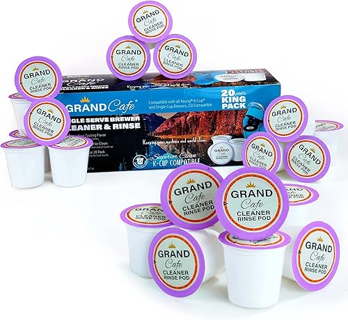 Grand Cafe - Paquete de 20 limpiador y enjuague K-Cup para máquinas Keurig de una sola porción - Compatible con 2.0