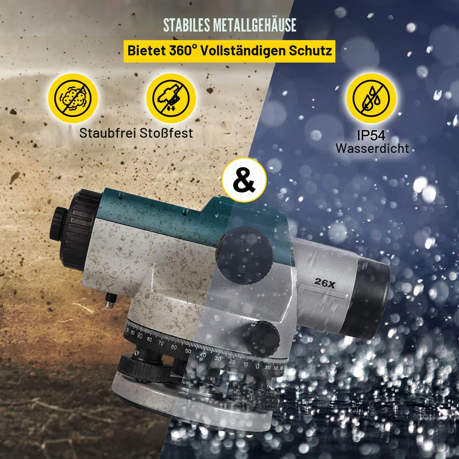 VEVOR Professional Optisches Nivelliergerät (26-fache Vergrößerung, Arbeitsbereich: bis zu 100 m, im Transportkoffer), Selbstnivellierend Nivelliergerät 15,8 mm Gewinde Staubdichtes Nivellierset, Grün