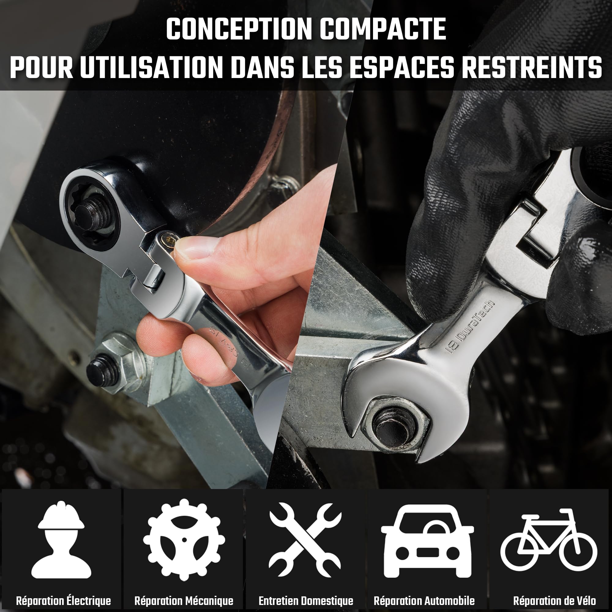 DURATECH Jeu de clés mixtes courtes à cliquet à tête flexible, 12 pièces | Tête Flexible, 8-19 mm, Cliquet, Acier Cr-V, Pochette Enroulable
