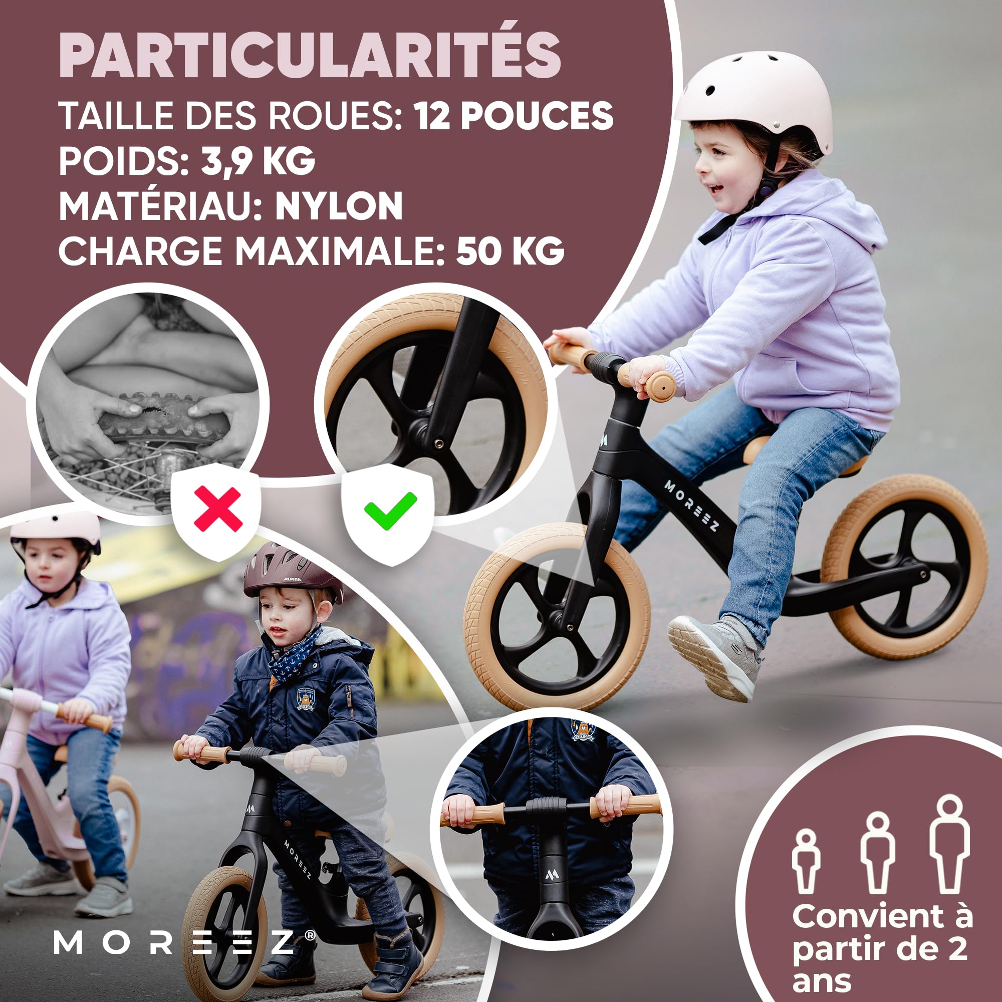 MOREEZ Draisienne à partir de 2 ans [2-5 ans] Roue ultra légère pour enfant avec protection contre les chutes, siège ergonomique, roues de 12 pouces anti-crevaison de 50 kg, repose-pieds antidérapant