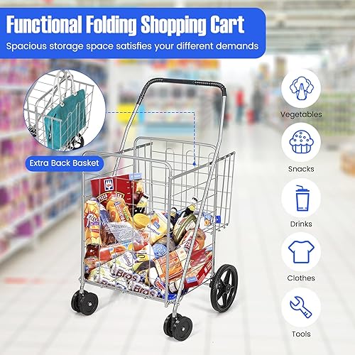 Miniatura 3 de GOFLAME Carrito de compras plegable, carrito utilitario de metal rodante con cesta trasera adicional, ruedas universales dobles, carrito de