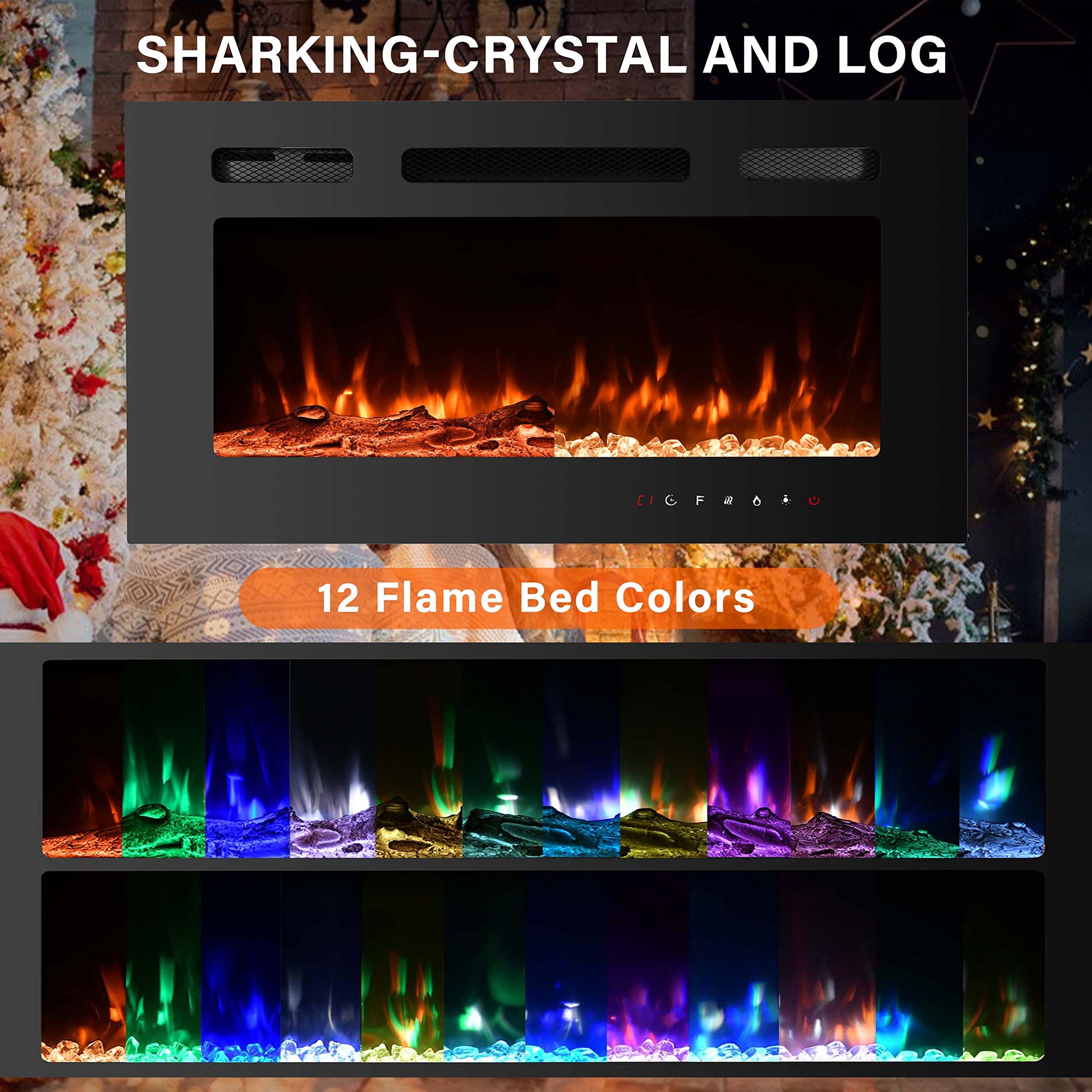Cozy Daisy Electric Fireplace Heater,Wall Mounted and in-Wall Recessed,with Touch Screen, Realistic 12 Color Flame, Remote Controller/Log & Crystal Hearth Options,750W-1500W,Black (36 inch)