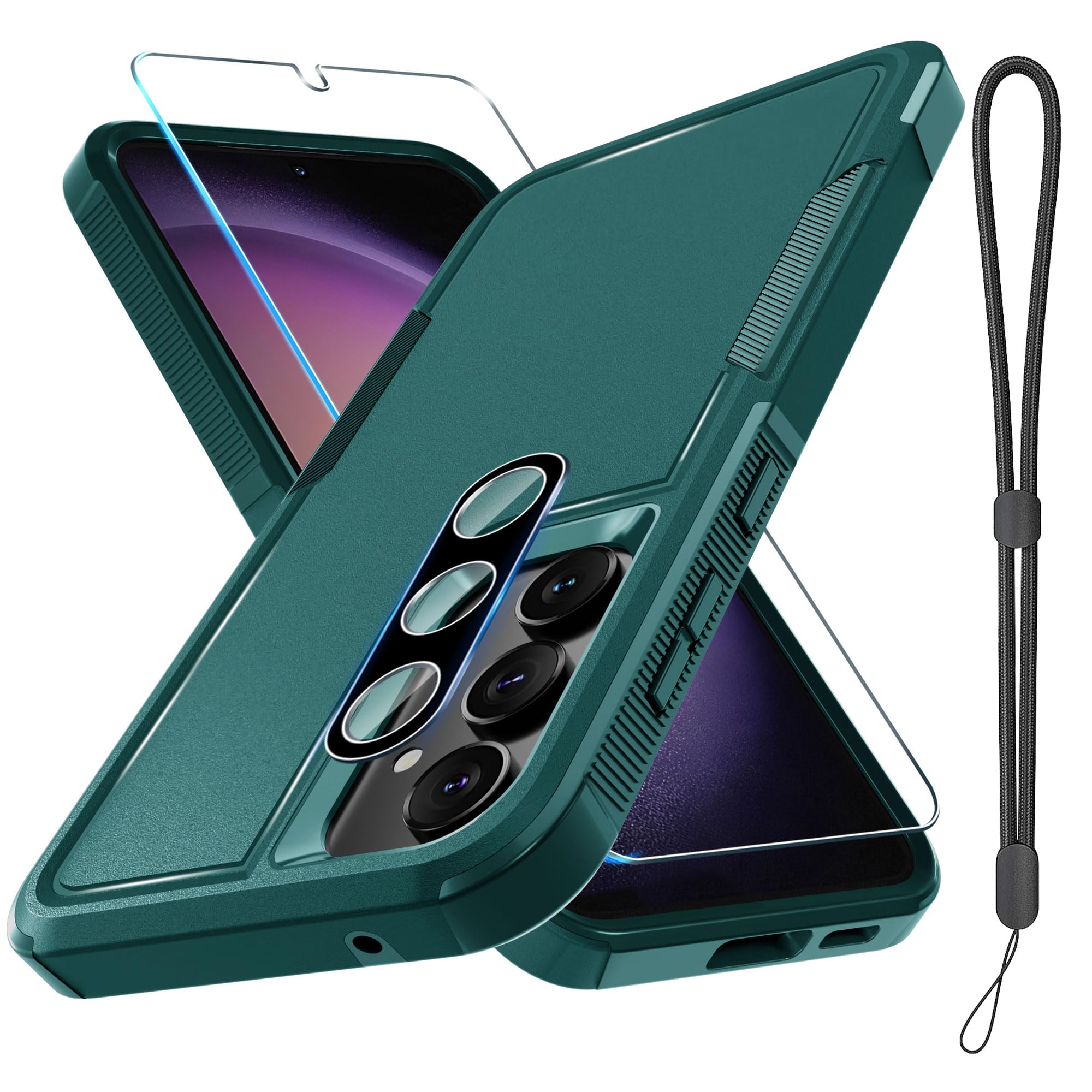 for Samsung Galaxy S23 FE Case [NOT for S23], Full Body Heavy Duty Rugged Shockproof Protective Phone Cover with Wrist Strap Lanyard, Tempered Glass Screen Protector and Camera Lens Cover, Dark Green