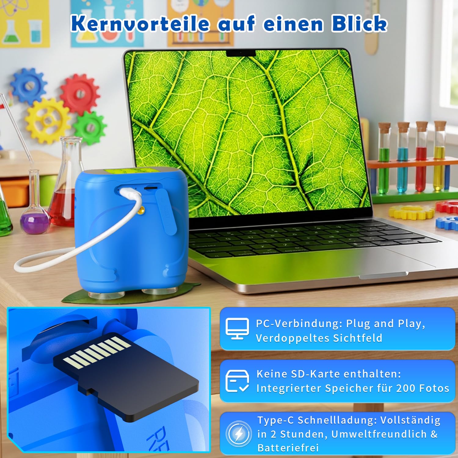2 in 1 Mikroskop für Kinder und Fernglas Kinder, 2,0" IPS HD Mikroskop, 1000x Vergrößerung Teleskop mit 8 LEDs 1080P, Natur Outdoor Spielzeug für Mädchen Jungen ab 3 Jahre, Blau
