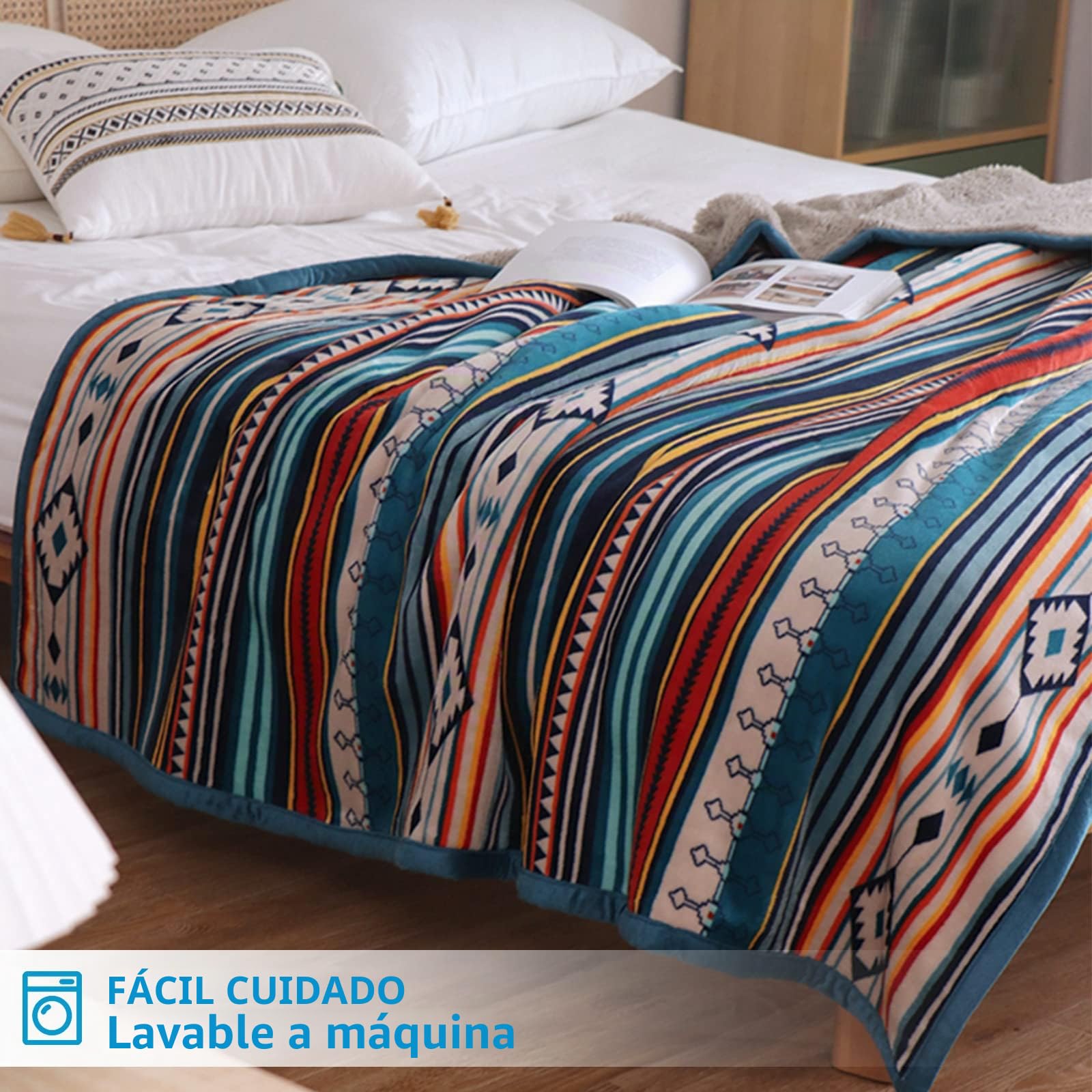 Qucover Manta de Matrimonio de Forro Polar Multicolor Estilo Boho, Cálida Manta de Sherpa, Mantas de Cama 150 Cara de Franela y Sherpa, Mantas para Sofá, Manta Polar 220x240 cm