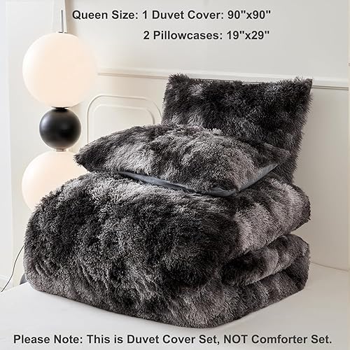 Miniatura 8 de SUCSES Juego de funda de edredón de felpa lanudo tamaño Queen, 3 piezas, color gris oscuro, pelo sintético, esponjoso, teñido anudado, juego de