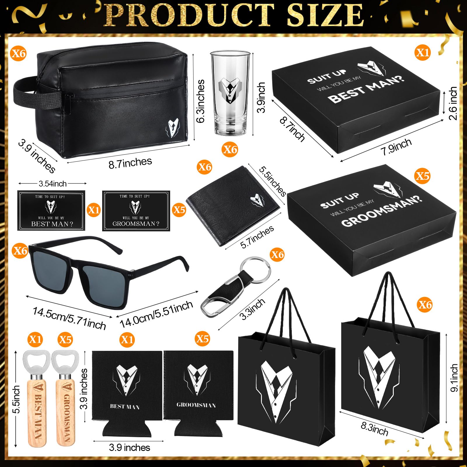 Roshtia 60 Pcs Groomsmen Proposal Gifts Set, Including 6 Toiletry Bags 6 Sunglasses 6 Cups 6 Can Sleeves 6 Beer Openers 6 Wallets 6 Keychains 6 Postcards 6 Gift Boxes 6 Gift Bags for Wedding Party