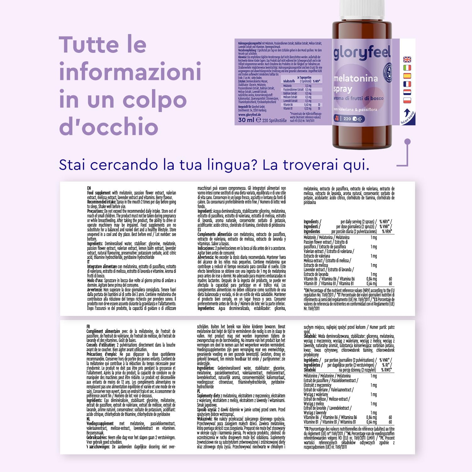 Melatonina per Dormire, Melatonina Pura, Melatonina Spray 0,5mg per Spruzzo, Integratore Valeriana Forte con Passiflora e Lavanda Rilassante, con Vitamina B1 e B6, Gusto Frutti di Bosco, 30ml