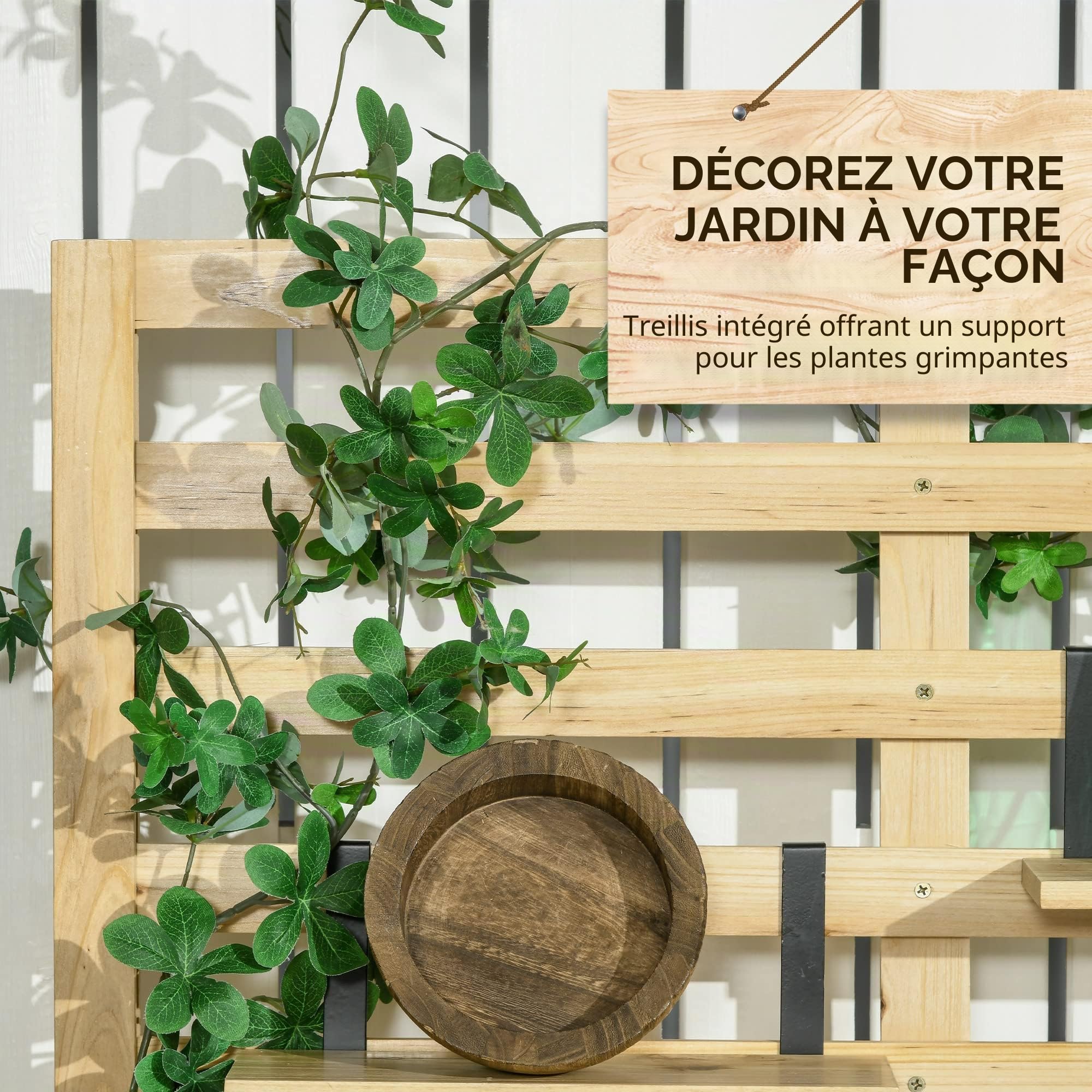 Outsunny Boîte de rangement, coffre de rangement avec treillis, boîte de rangement avec étagères, coffre de jardin, boîte à coussins, en bois massif, naturel, 80 x 45 x 160 cm