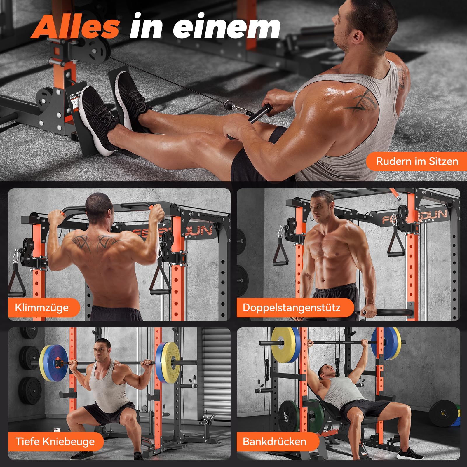 FEIERDUN Multifunktionaler Kniebeugen-Rack, Power Cage,907kg Kapazität, Power Rack mit verstellbarem Kabel-Crossover-System und zusätzlichen Aufsätzen, idealer Gewichtskäfig für Zuhause/Fitnessstudio