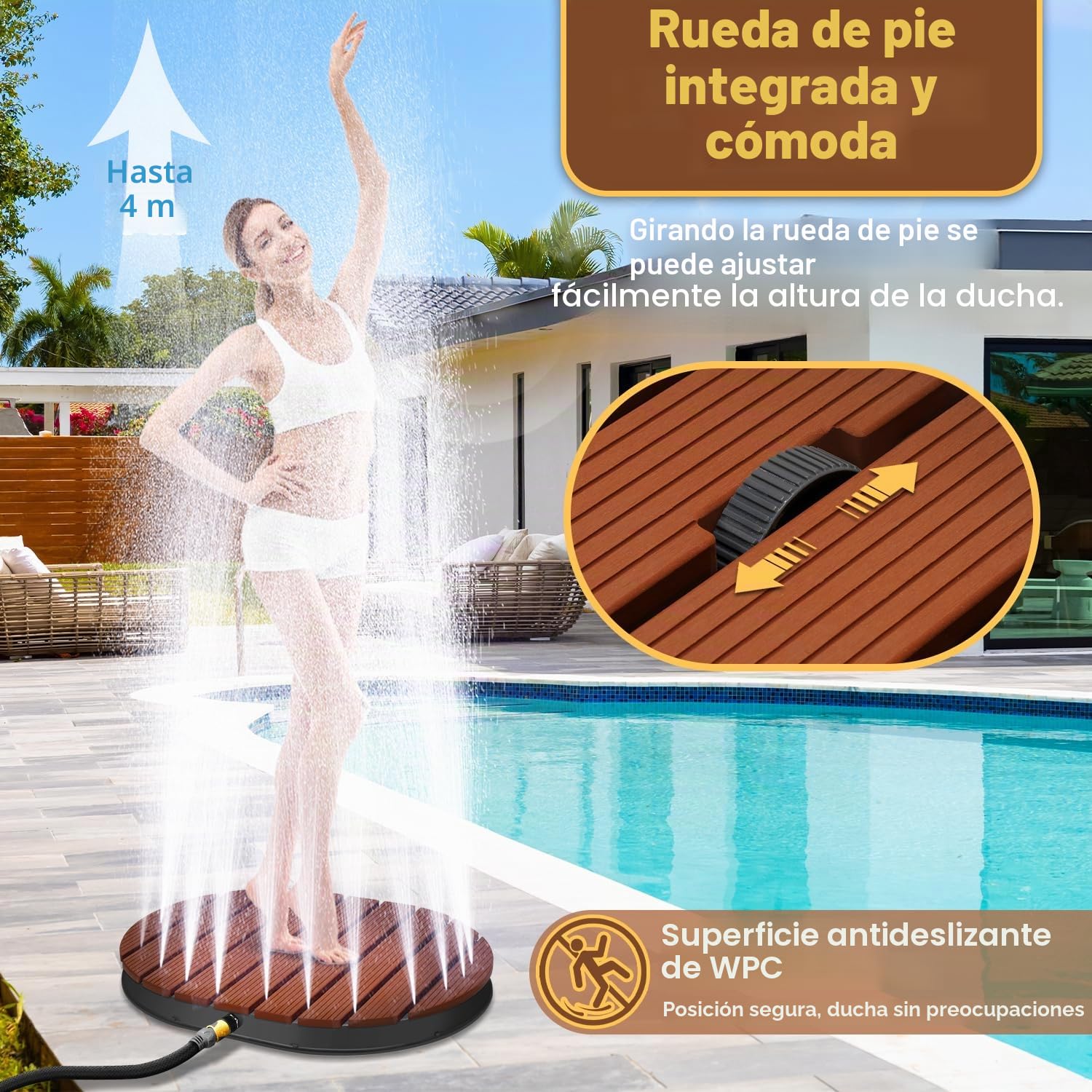 Monucep Ducha de suelo al aire libre WPC, ducha de jardín con placa de ducha, ducha de piscina con 22 boquillas de latón, fuente de agua hasta 4 m, agua fría/caliente a través de distribuidor