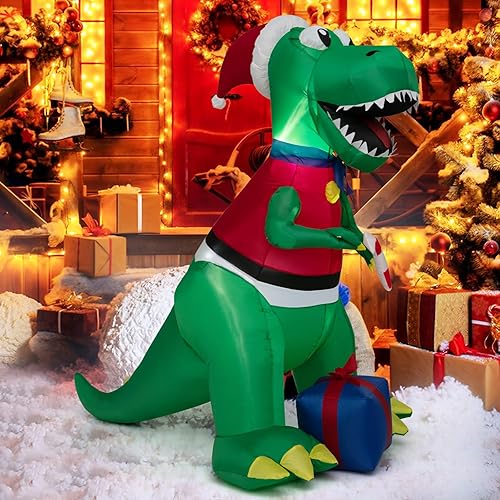 GOFLAME Decoración inflable de Navidad de 5 pies, chimenea de escalada de Papá Noel elevable, de pie junto a renos con caja de regalo, decoración